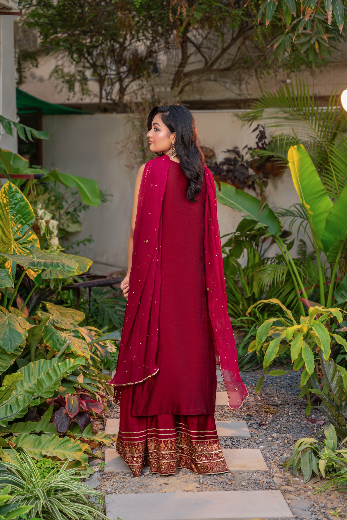 Rouge - deep red embroidered formal outfit back view by Alishba Kashif