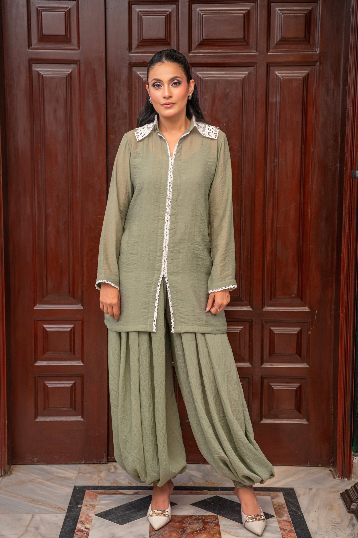 Sage Reverie shirt and balloon pants by Alisho - full length front view