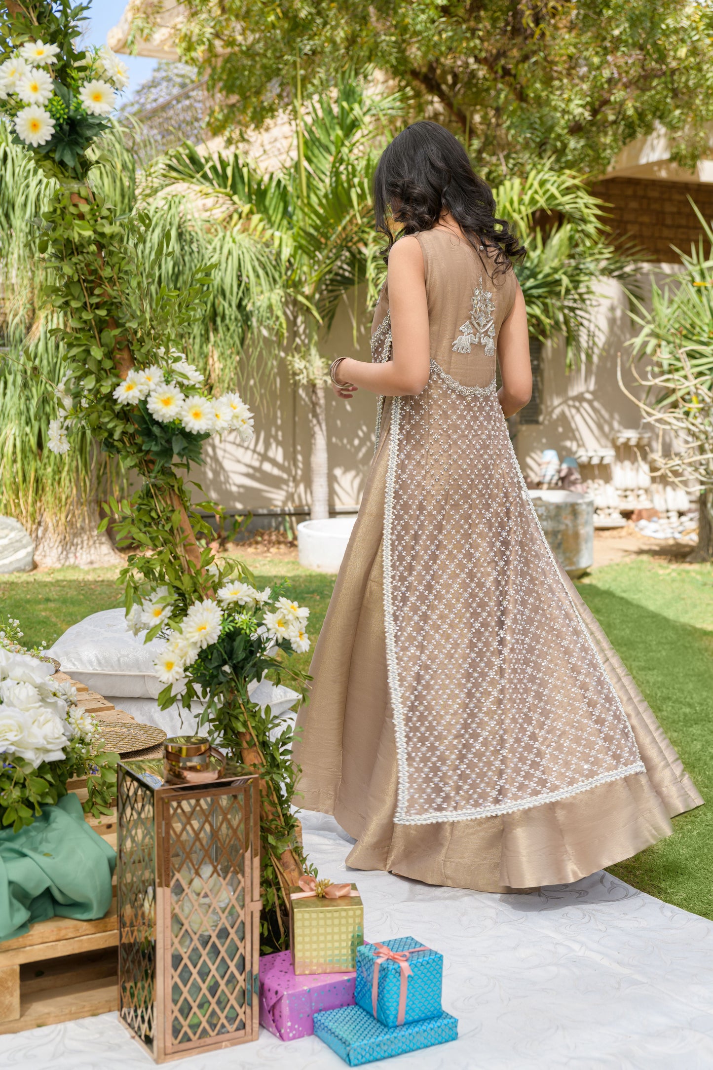 Aura - champagne silver embroidered formal dress back view full length by Alishba Kashif
