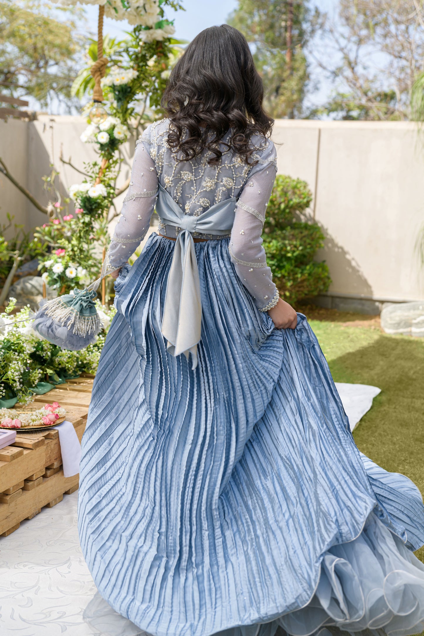 Roya Azure - blue silver embroidered lehnga set back view by Alishba Kashif