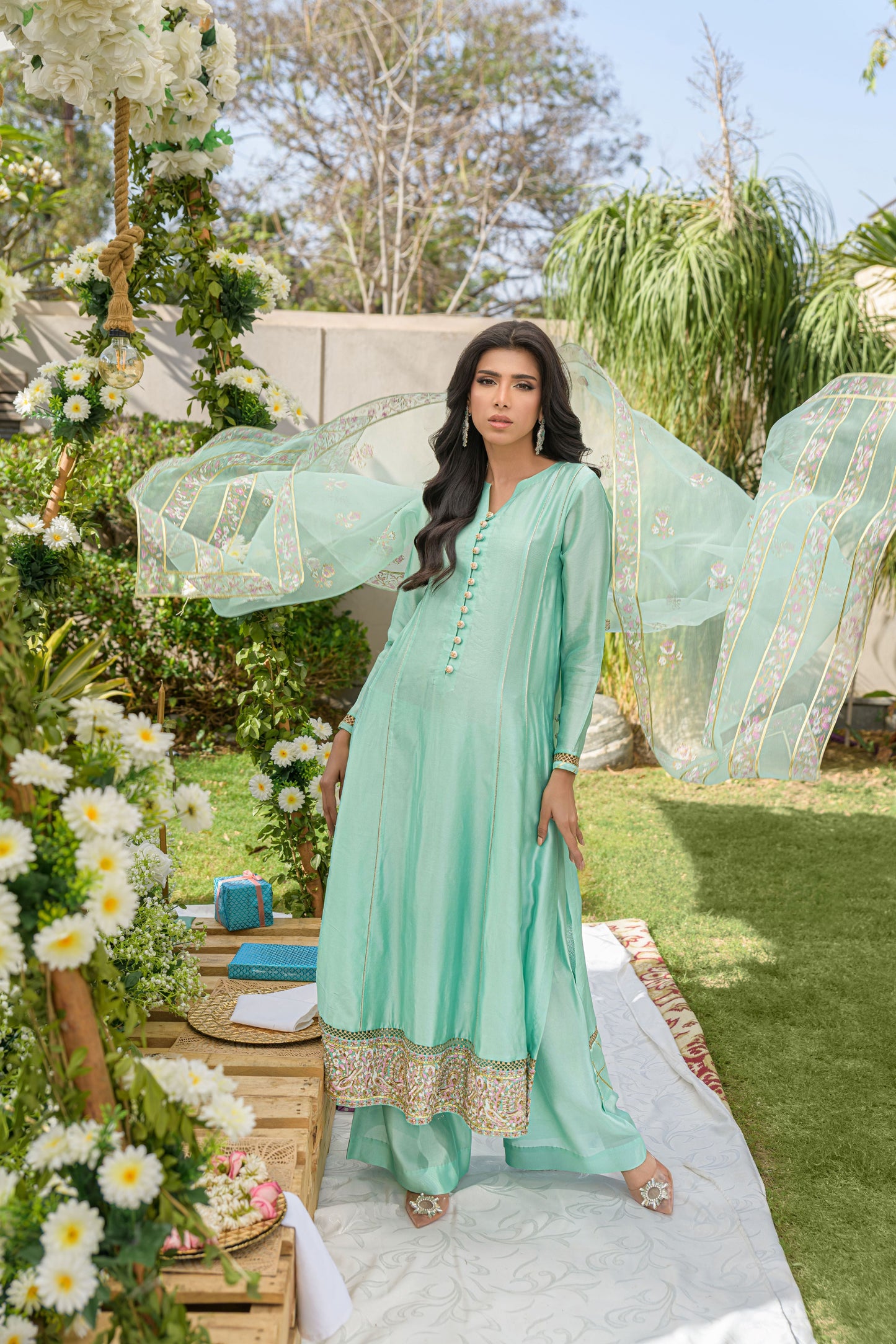 Ocean Whisper - pastel mint embellished outfit garden pose by Alishba Kashif