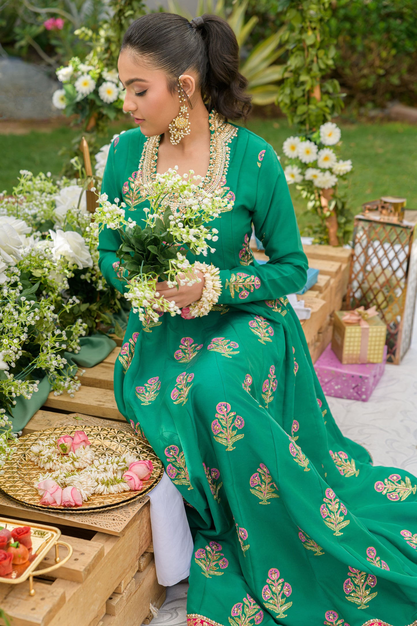 Emerald Bloom - deep green with pink and gold border detail by Alishba Kashif