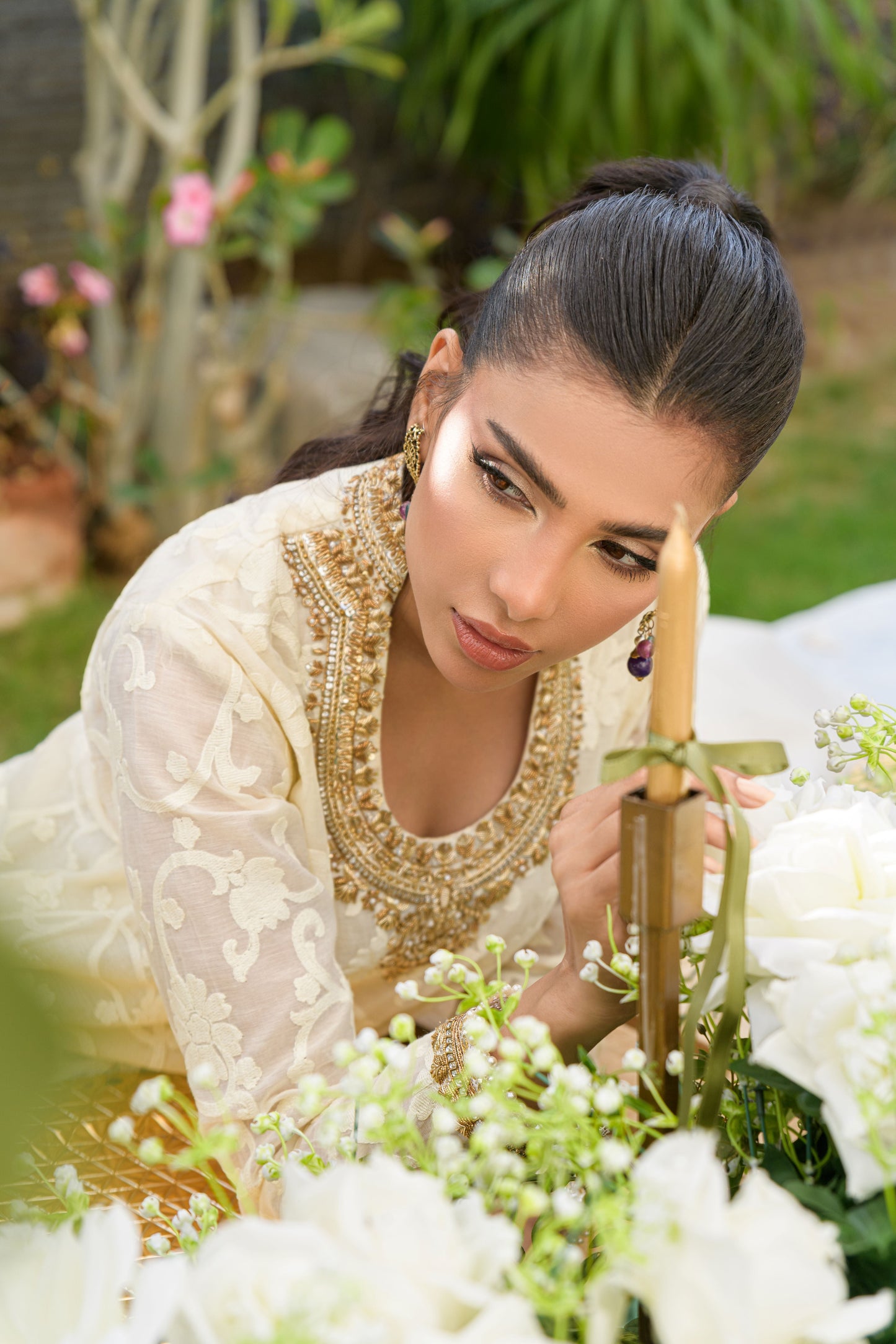 Noor-E-Safa - ivory cotton voile shirt with zardozi embroidery detail neckline view by Alishba Kashif