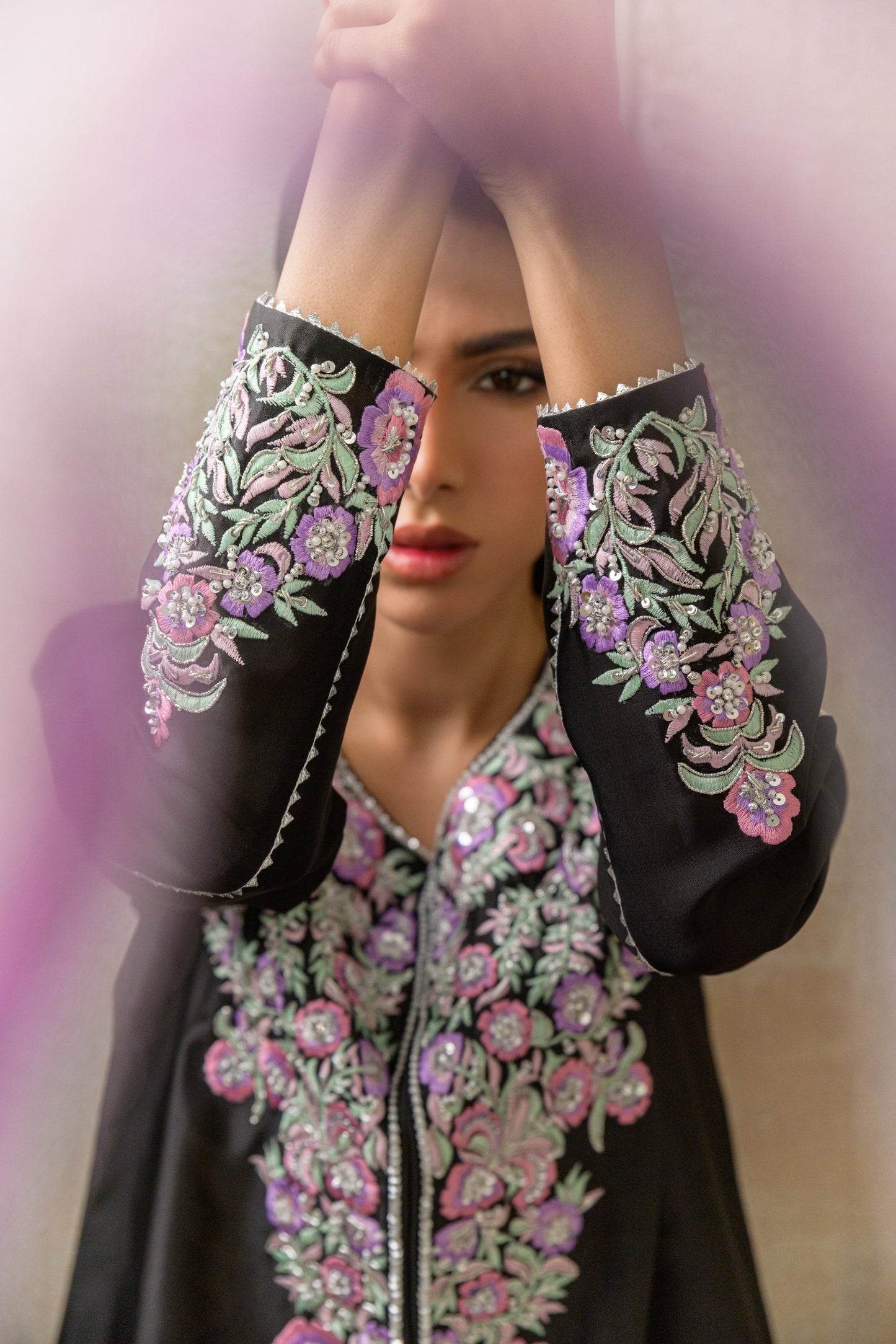Midnight Petals - black floral embroidered outfit with pink dupatta sleeves detail view by Alishba Kashif
