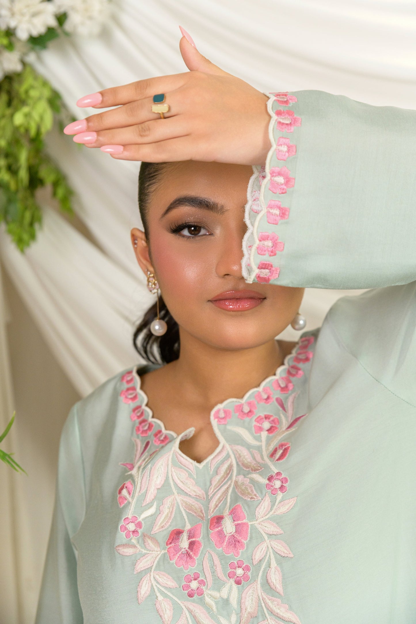 Saahil - mint silk cotton kurta with pink embroidery sleeve detail view by Alishba Kashif