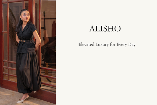 Model wearing the Luna Noir ensemble from The Muse Edit by Alisho, showcasing elevated everyday luxury.
