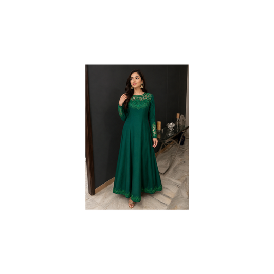 Green hand embroidered silk pishwas anarkali gown by Alishba Kashif Studio