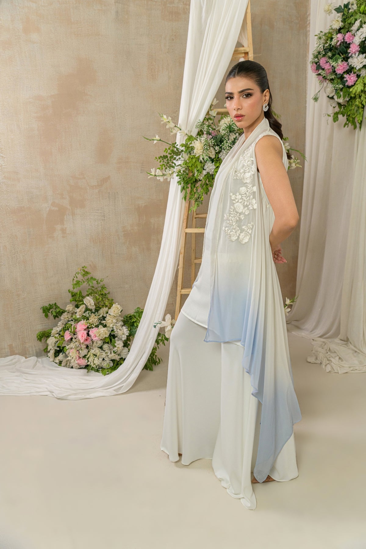 Azurea - powder blue embroidered cape outfit side view by Alishba Kashif