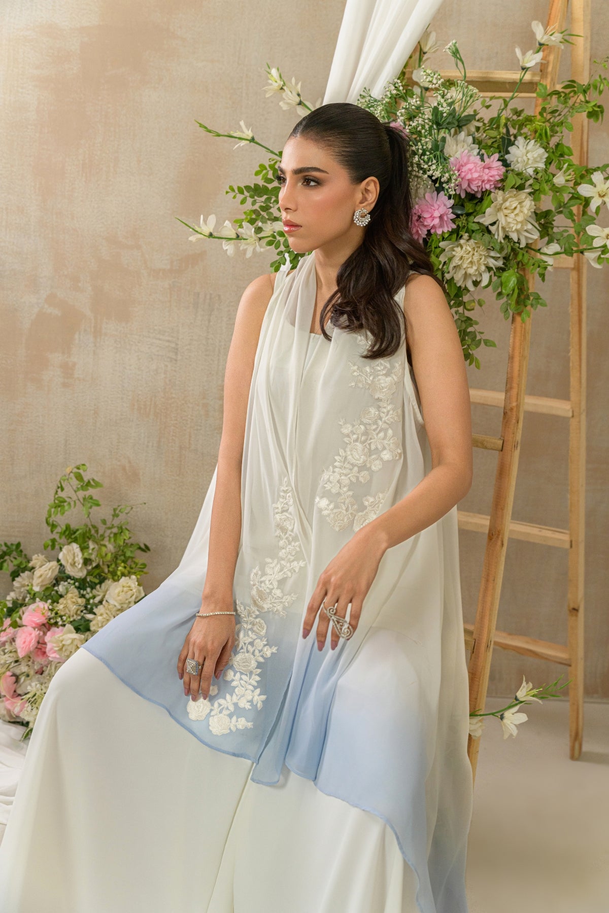 Azurea - powder blue embroidered cape outfit detail view by Alishba Kashif