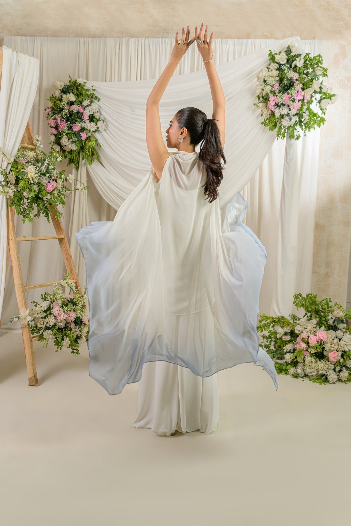 Azurea - powder blue embroidered cape outfit back by Alishba Kashif