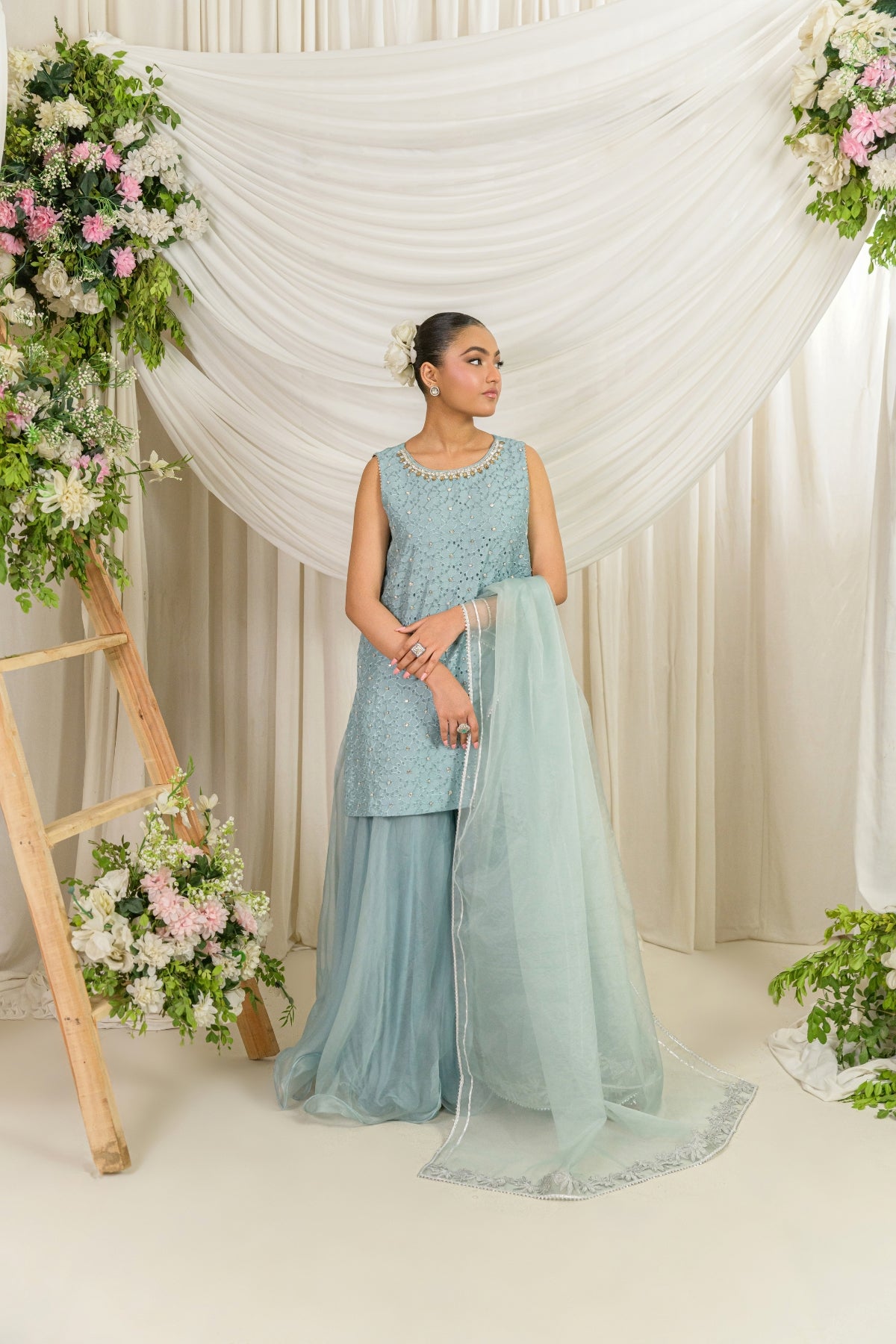 Frost Bloom - blue embroidered formal outfit front view by Alishba Kashif