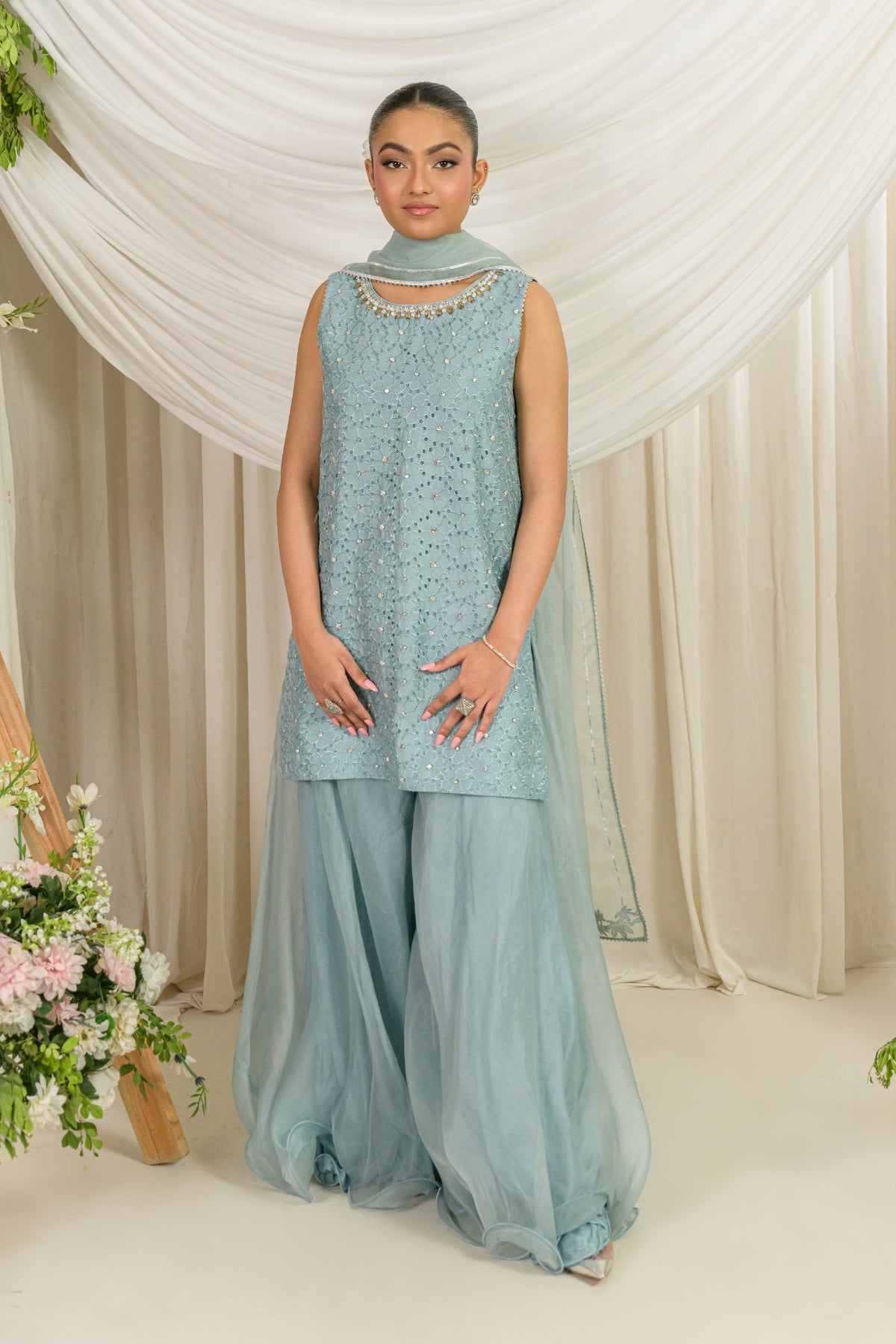 Frost Bloom - blue embroidered formal outfit full length view by Alishba Kashif
