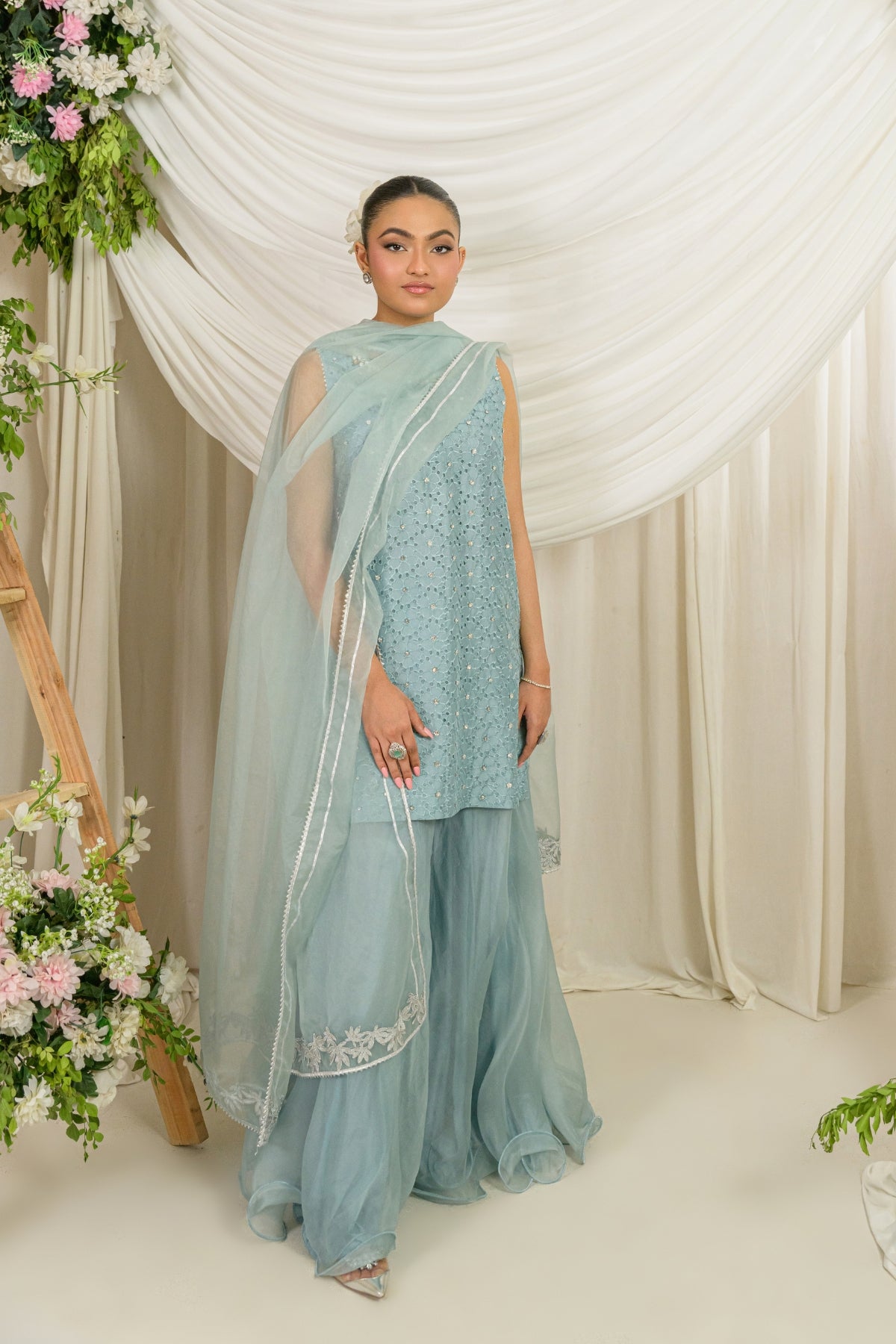 Frost Bloom - blue embroidered formal outfit dupatta view by Alishba Kashif