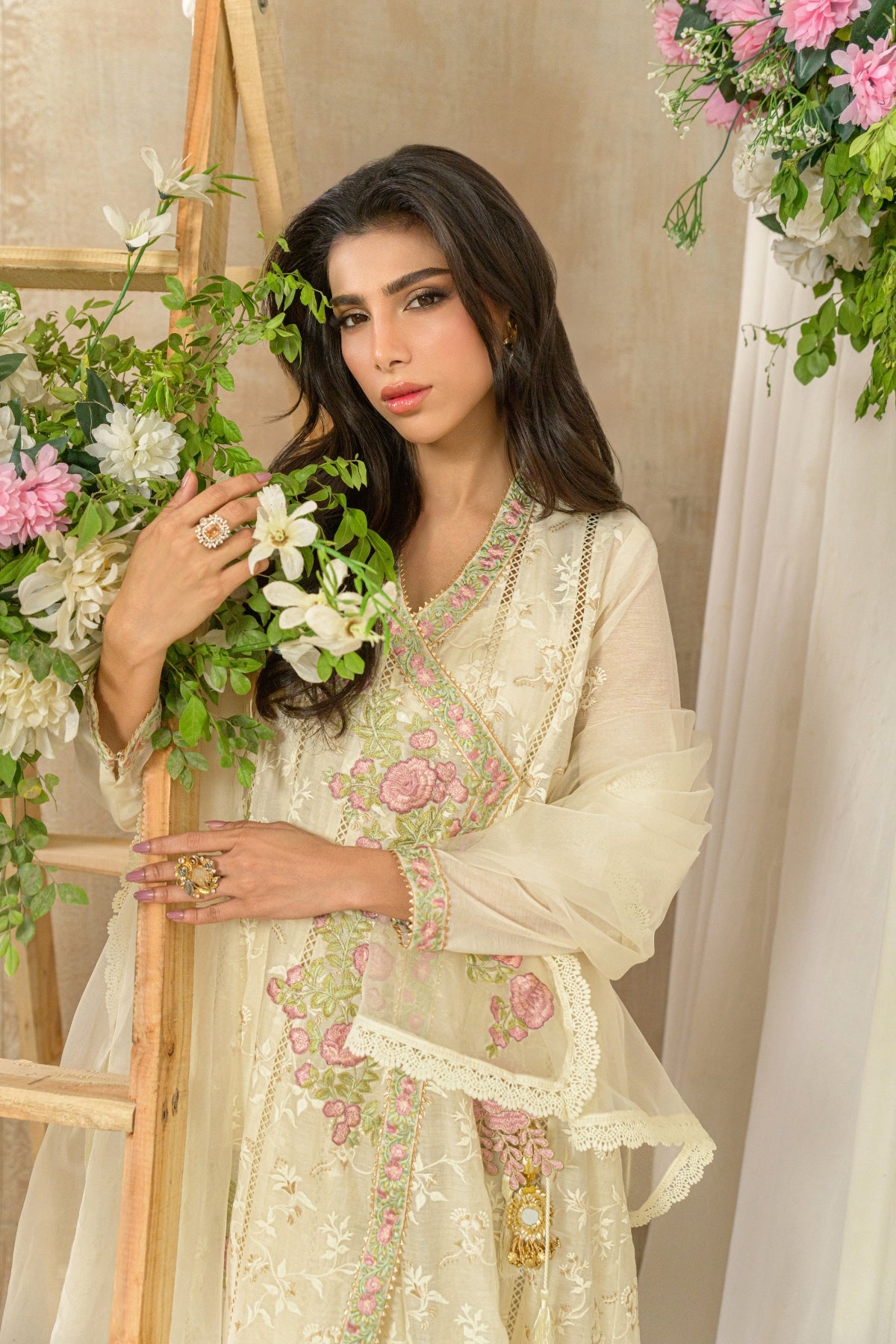 Mehrunisa - ivory cream embroidered formal detail view by Alishba Kashif