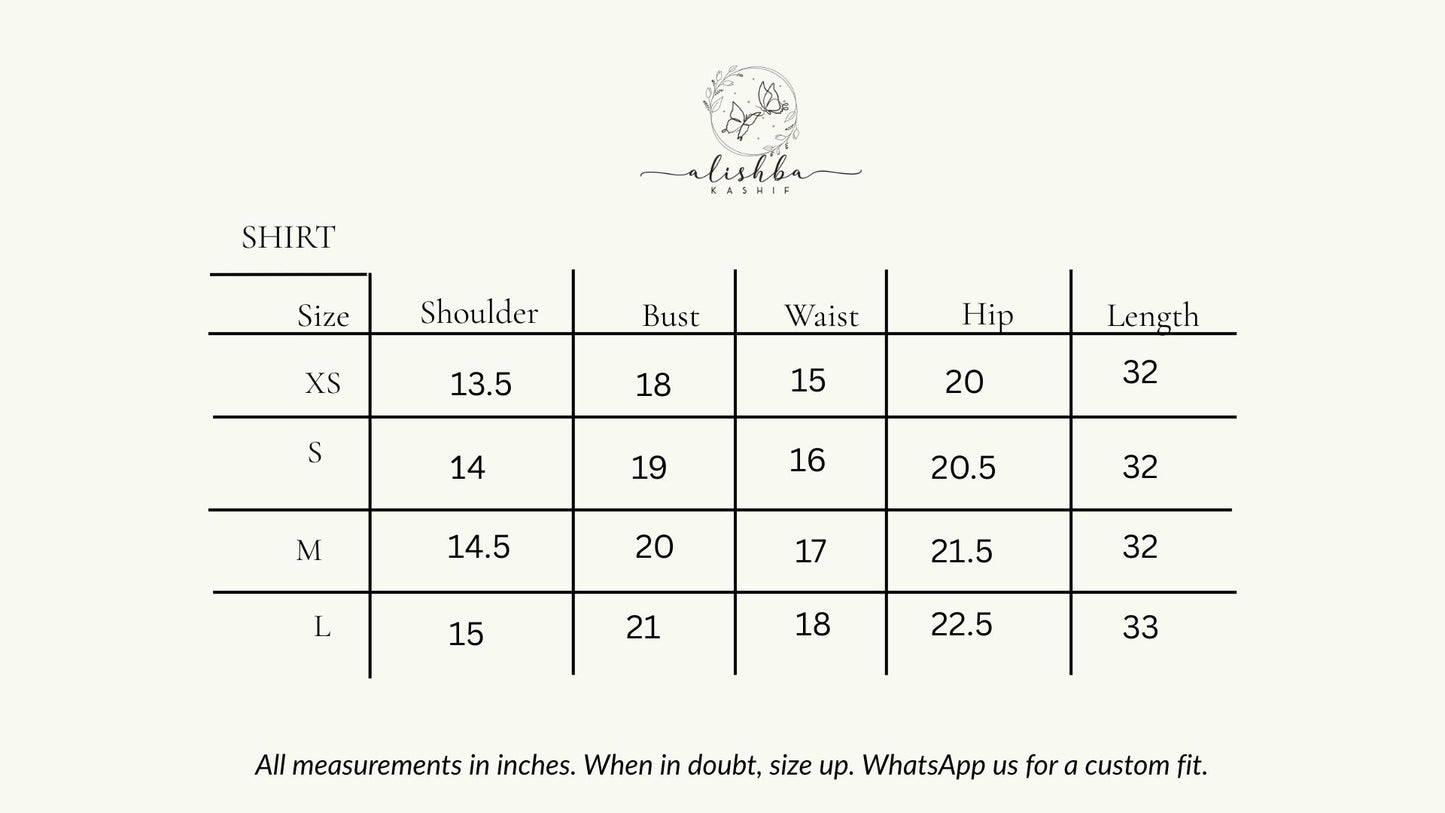 shirt size chart of Mehr by Alishba Kashif