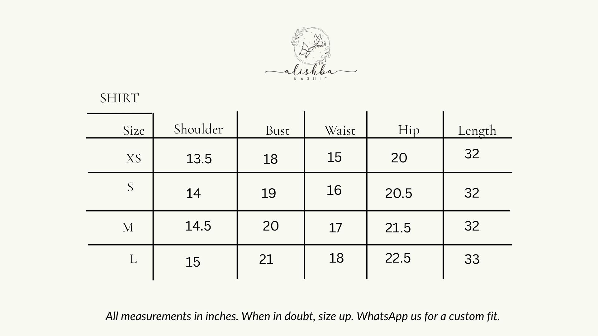 shirt size chart of Mehr by Alishba Kashif