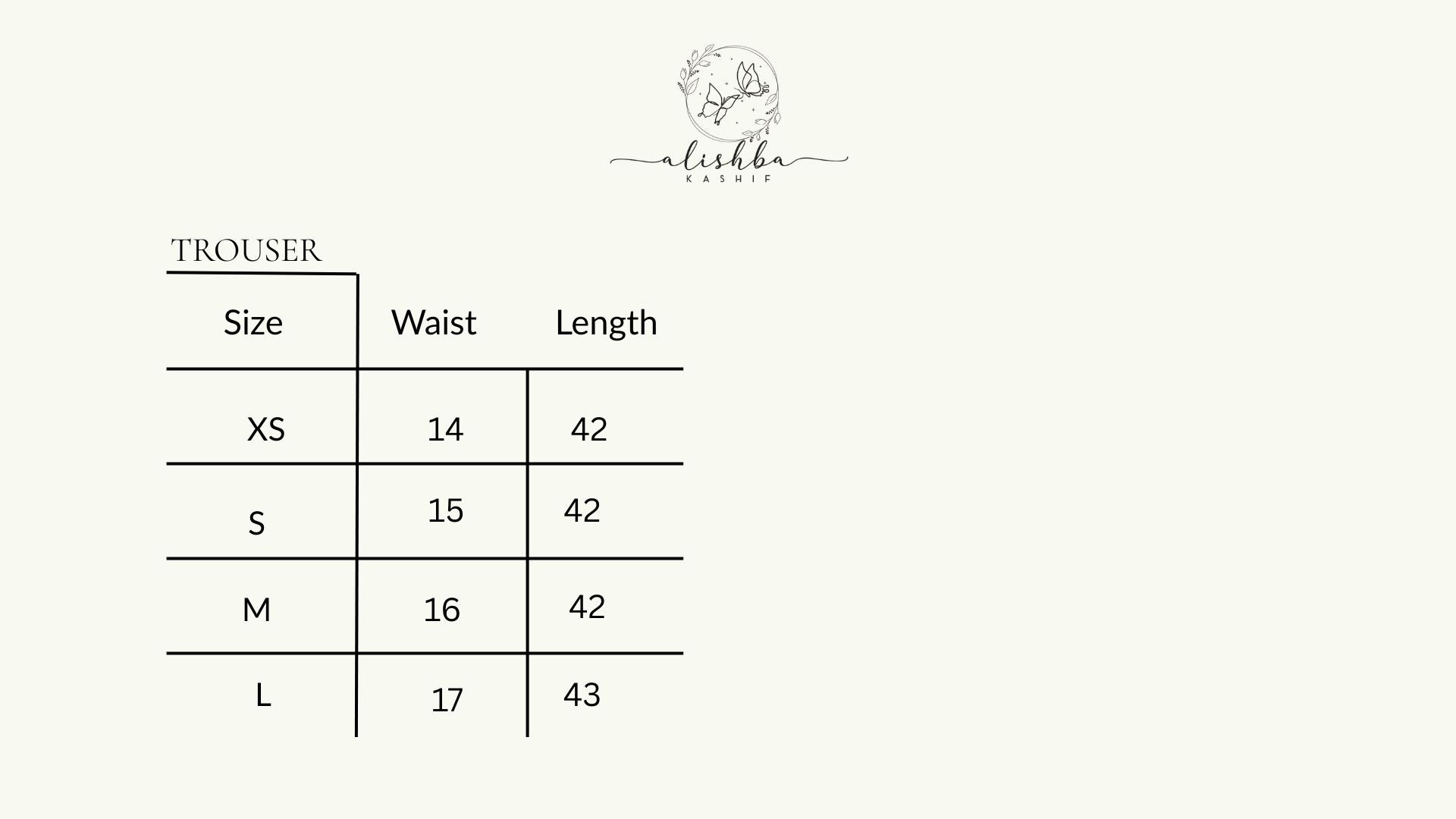 Pants size chart of Mehr by Alishba Kashif 