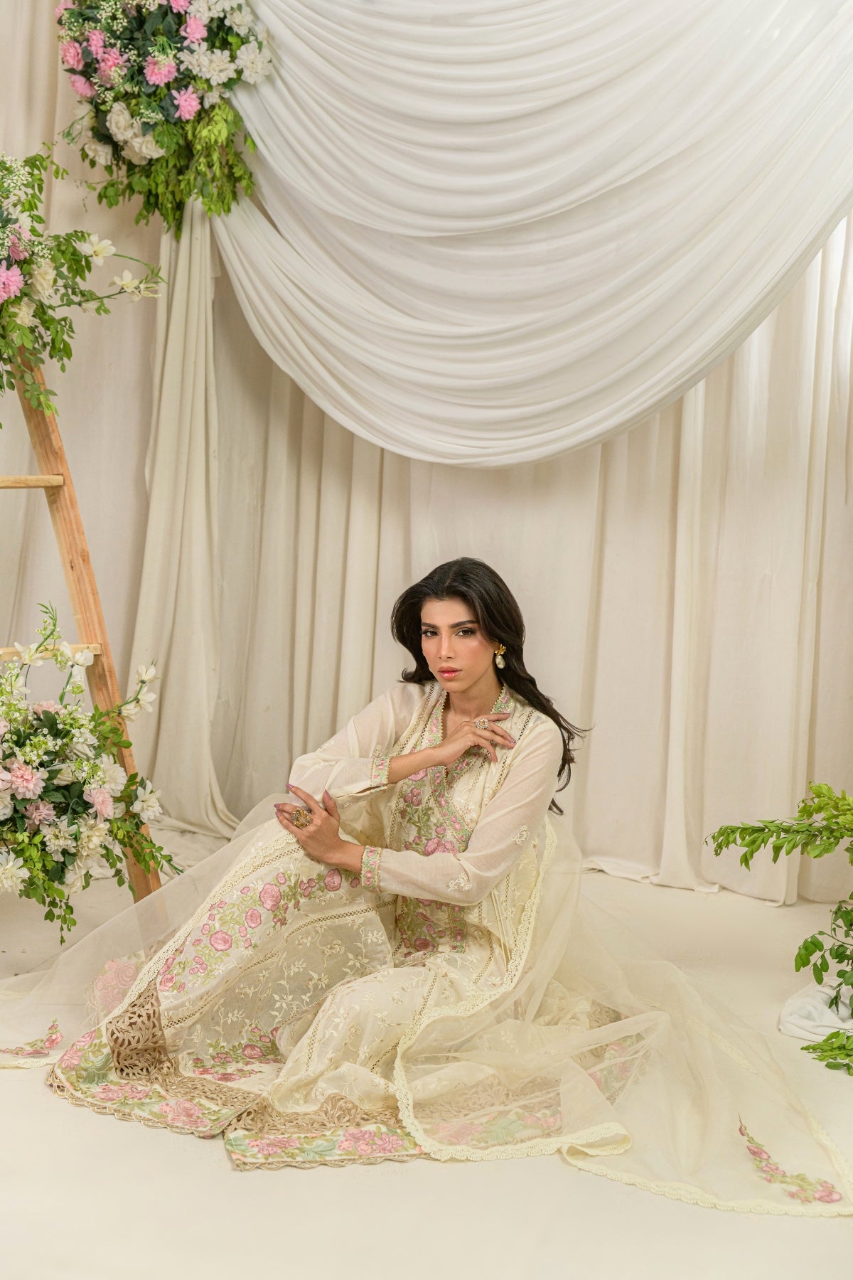 Mehrunisa - ivory cream embroidered formal sitting pose by Alishba Kashif