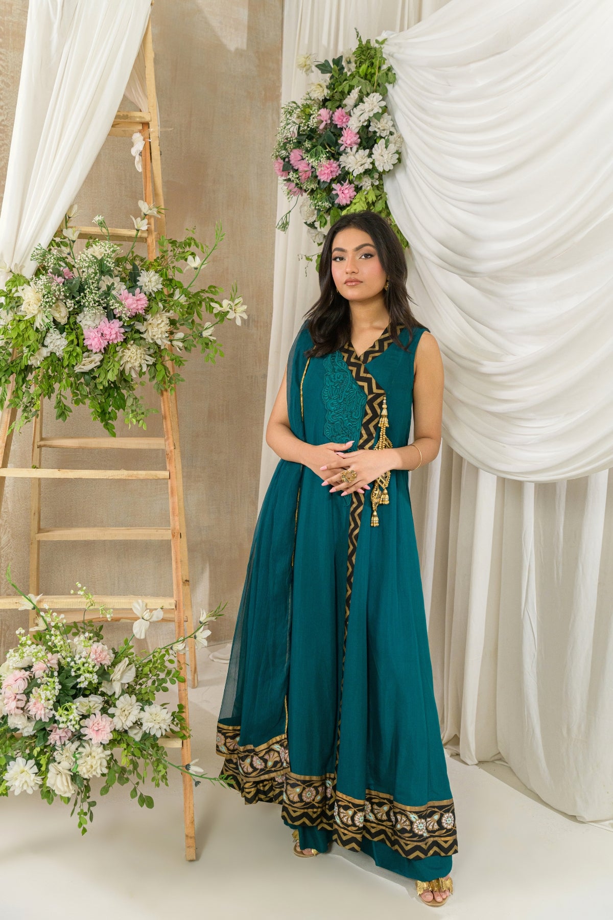 Nyra - teal green embroidered formal dress side view by Alishba Kashif