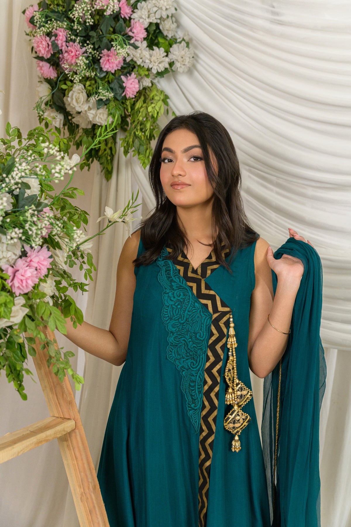Nyra - teal green embroidered formal dress close up by Alishba Kashif