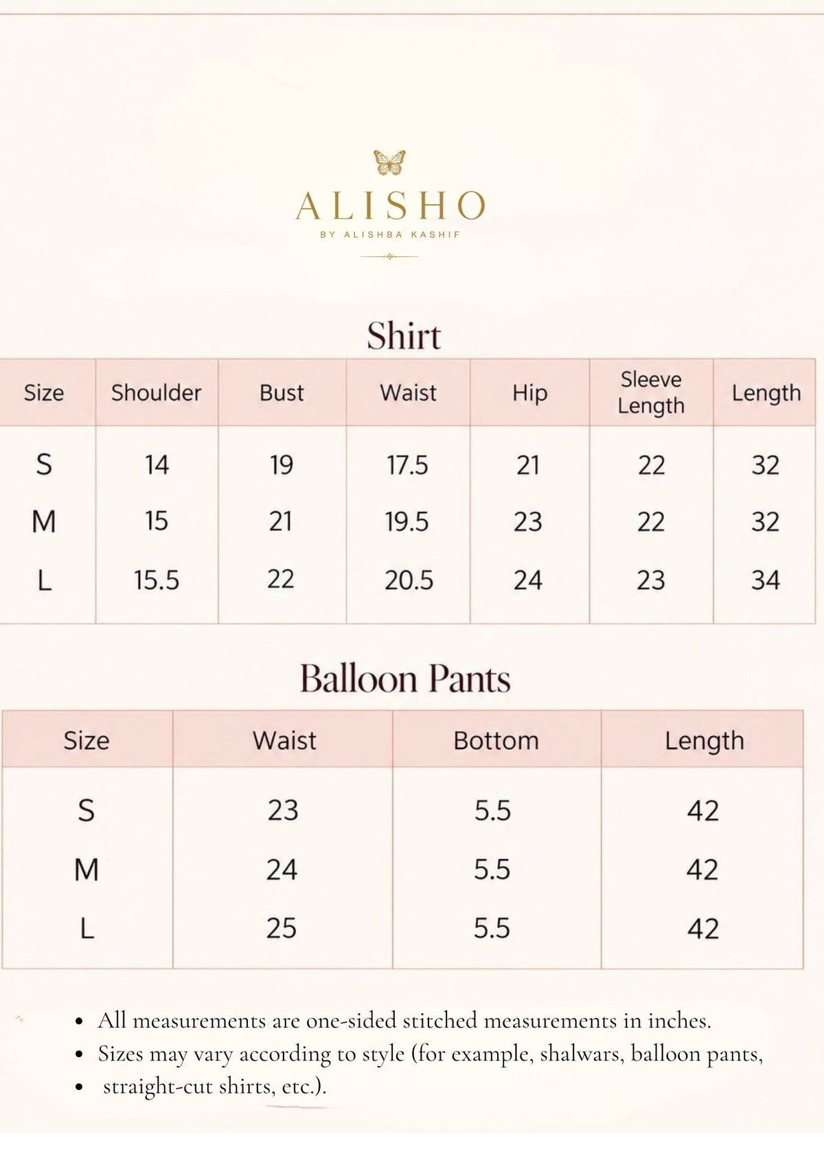 Alish by Alishba Kashif. Size chart