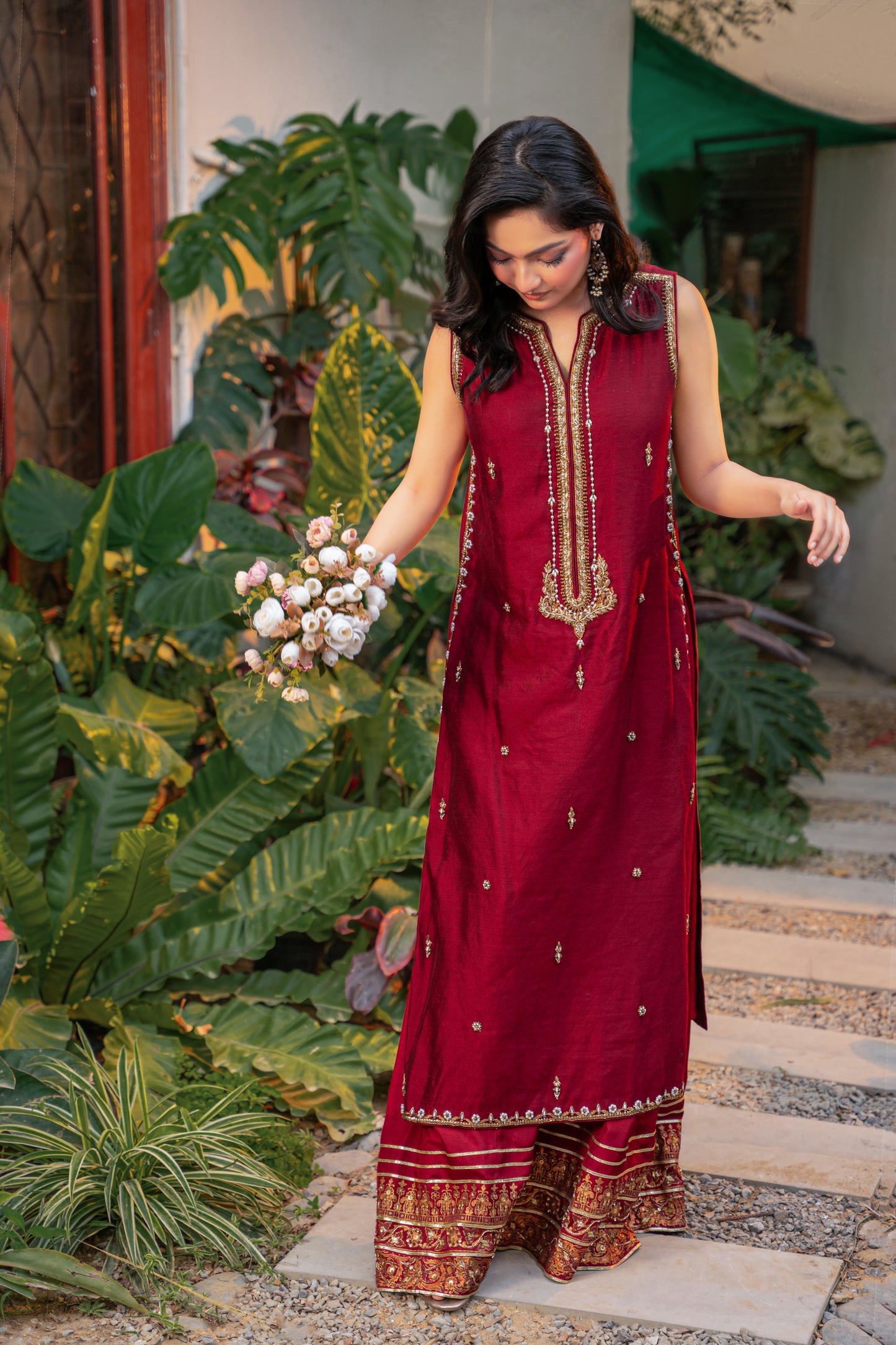 Rouge - deep red formal outfit full length view by Alishba Kashif