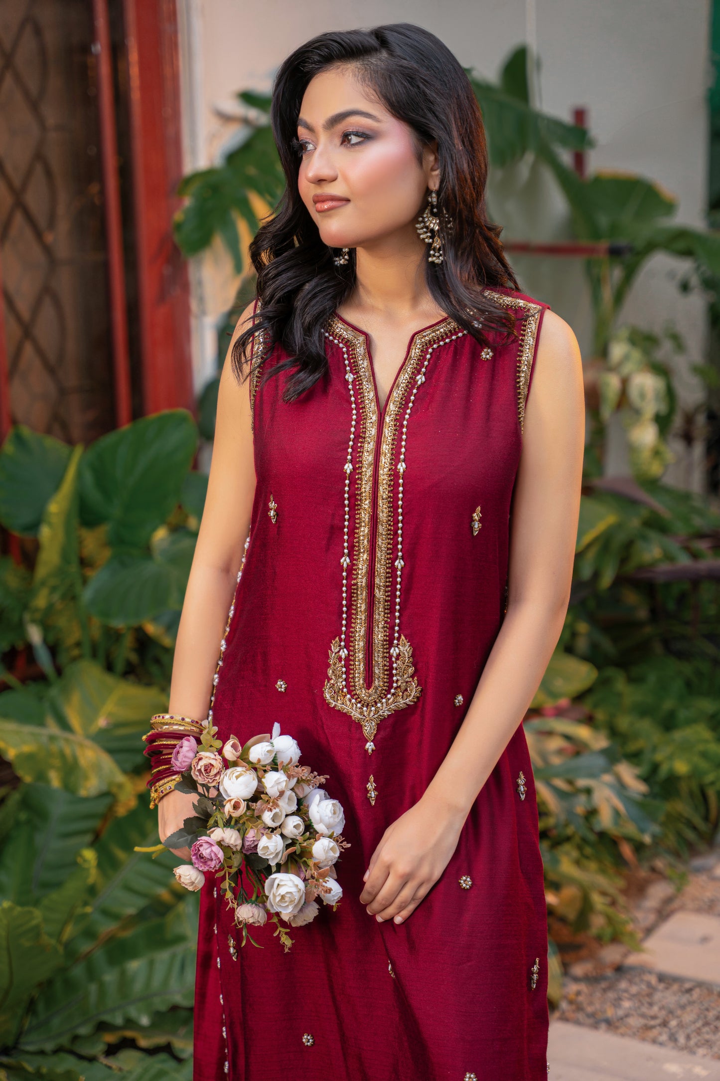 Rouge - deep red embroidered suit front view by Alishba Kashif