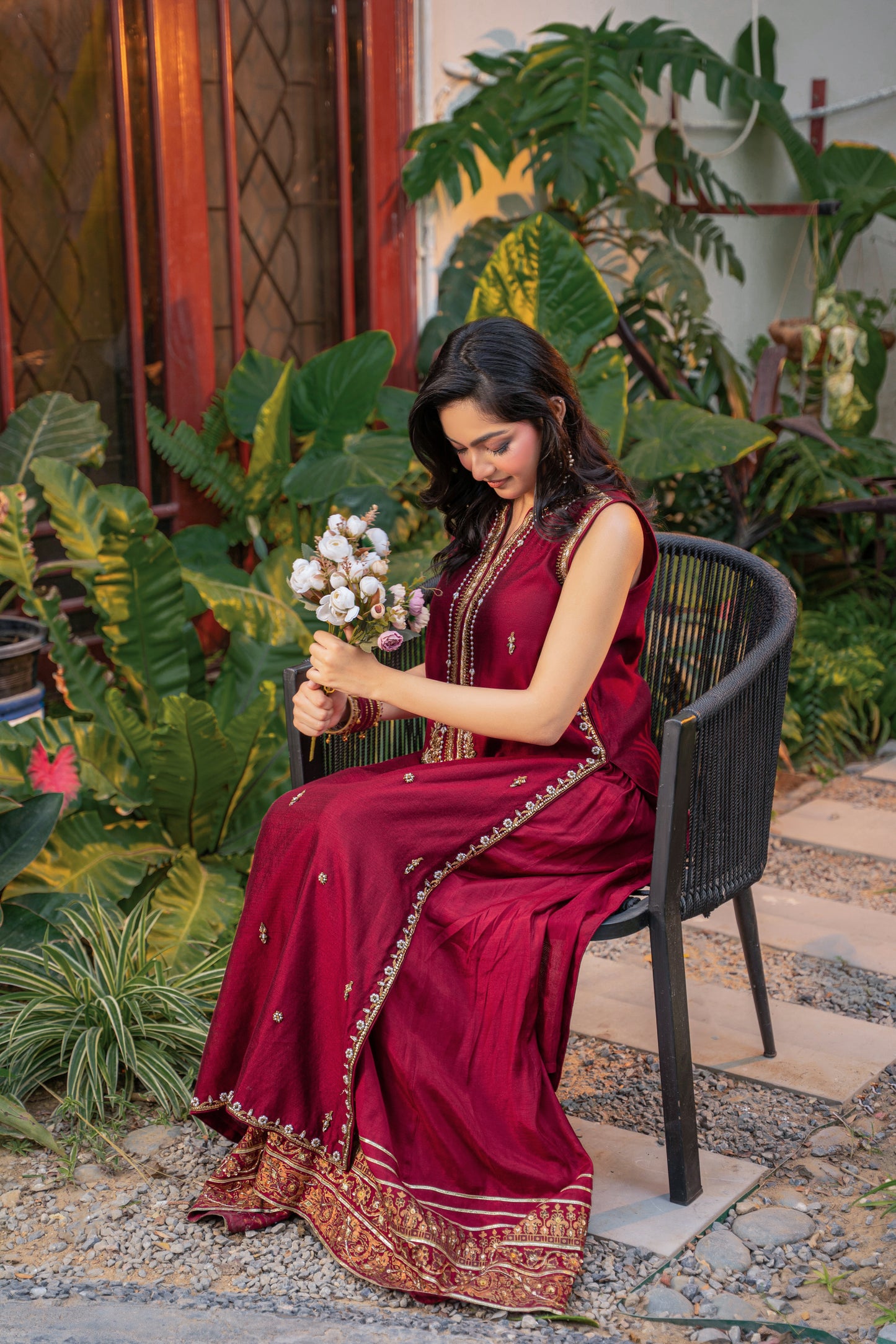 Rouge - deep red outfit sitting pose by Alishba Kashif