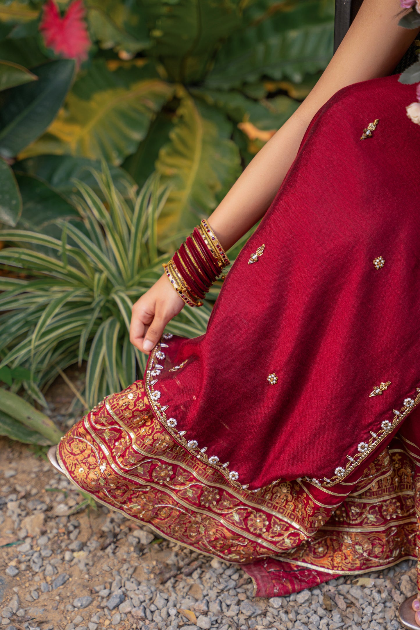 Rouge - deep red embroidered formal outfit pants view by Alishba Kashif