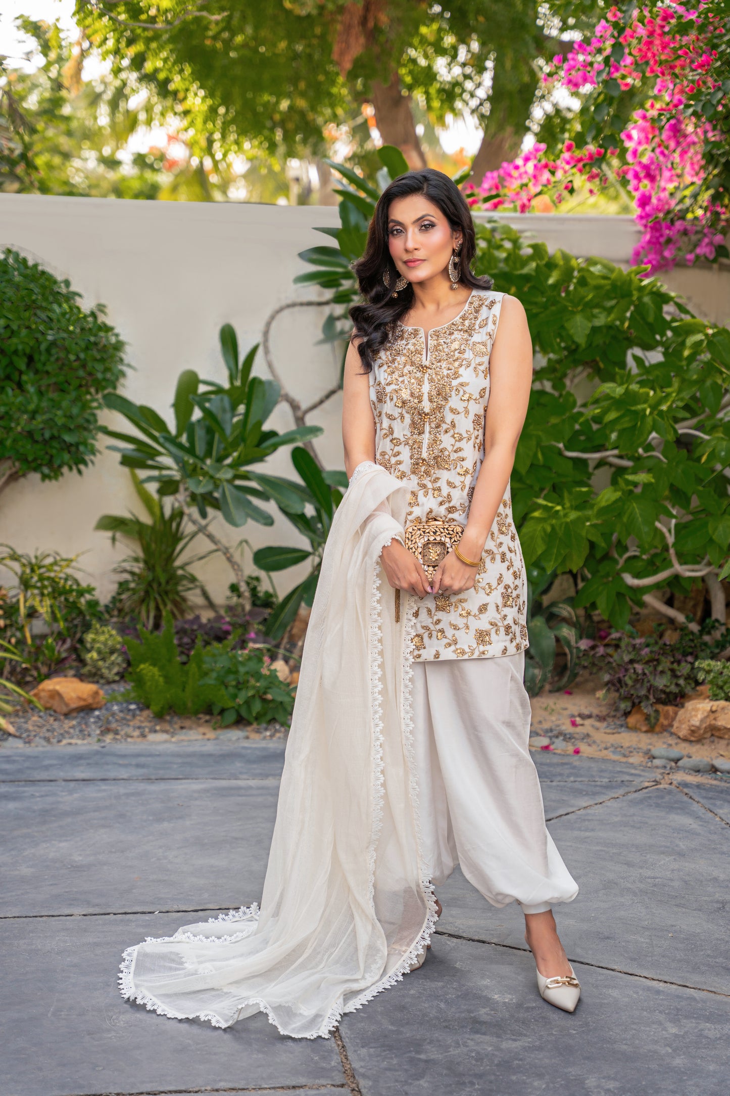 Mehr - ivory silk formal outfit full length view Alishba Kashif