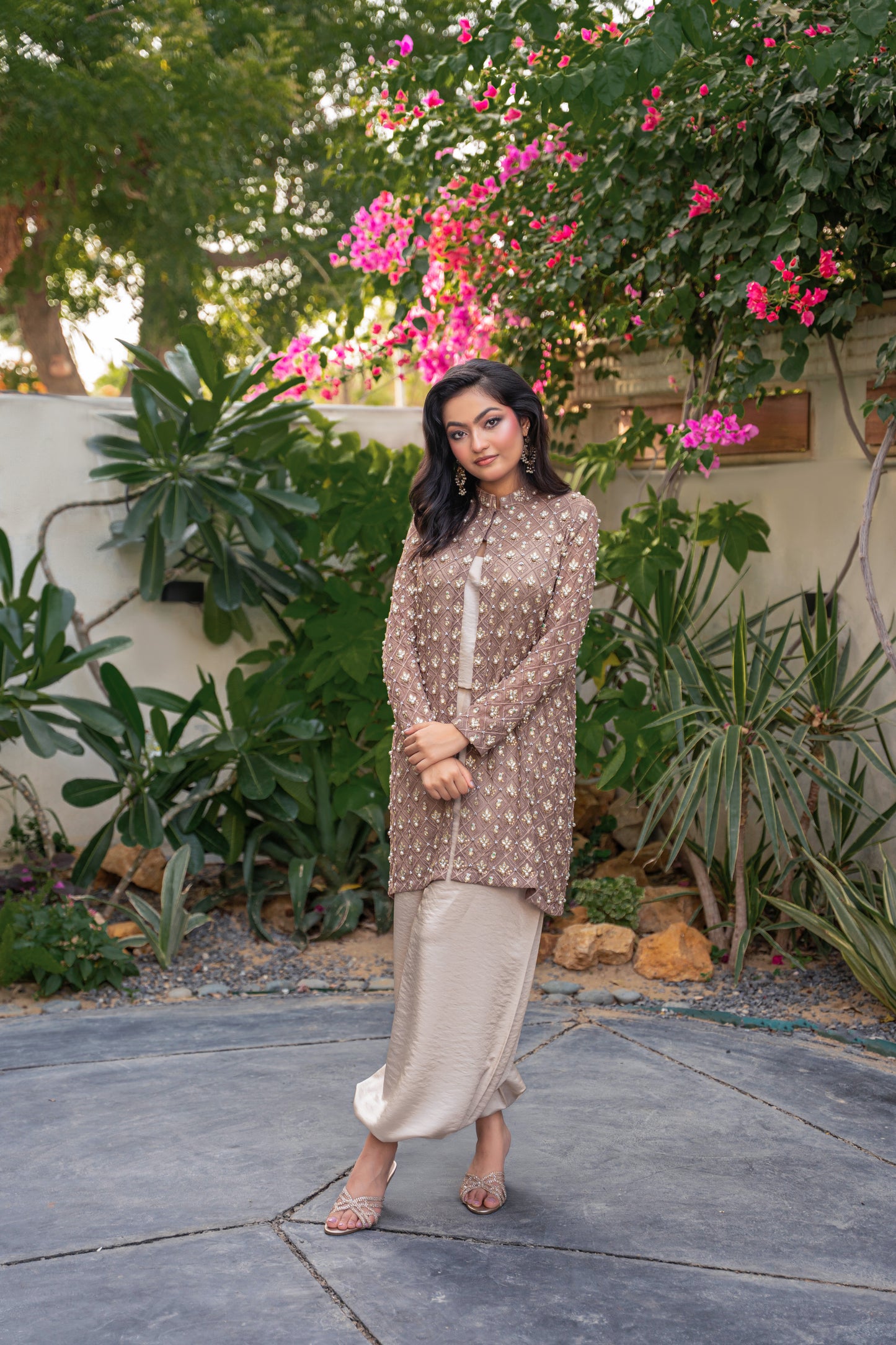 Taupe Éclat - brown embroidered formal outfit balloon pants by Alishba Kashif