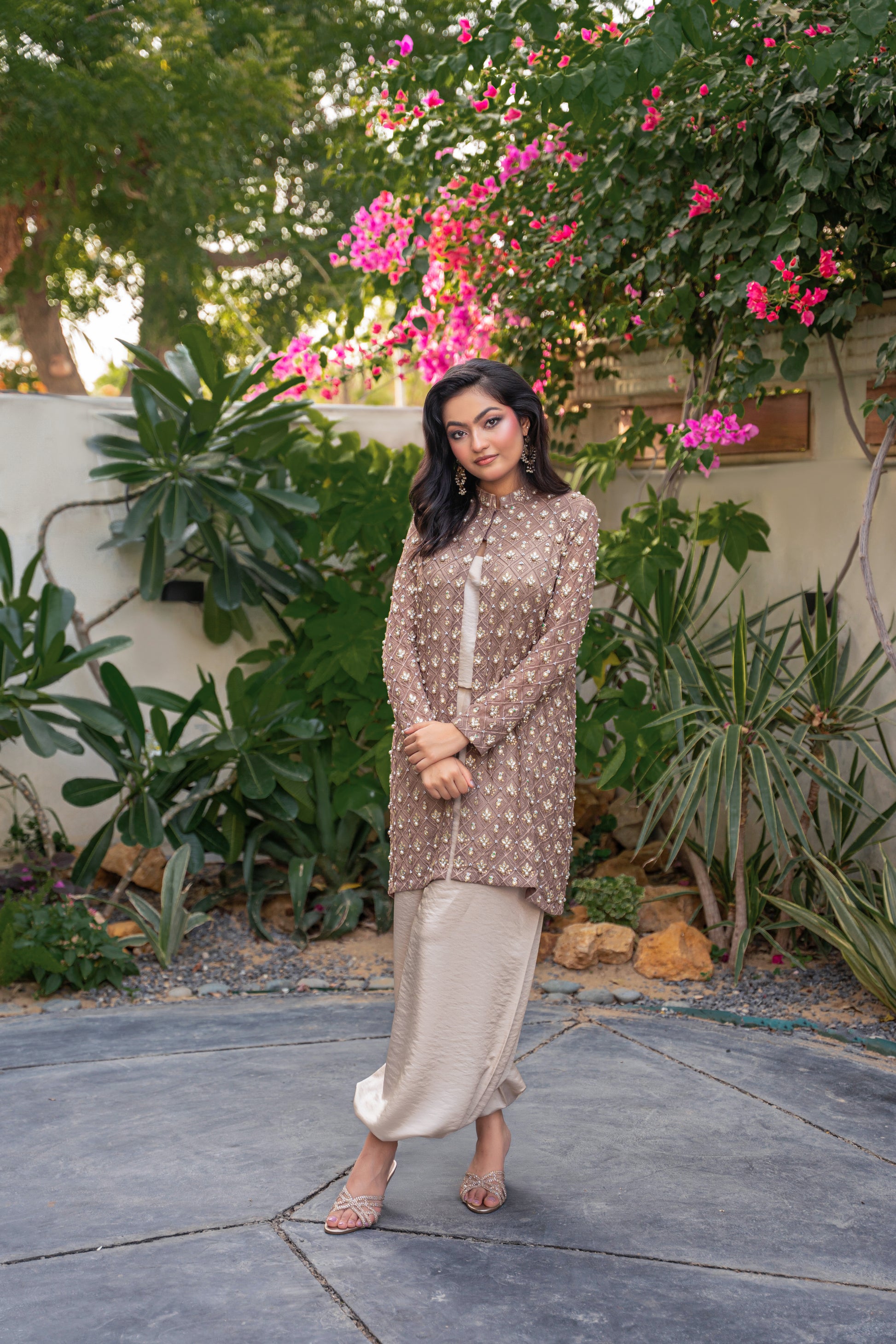 Taupe Éclat - brown embroidered formal outfit balloon pants by Alishba Kashif
