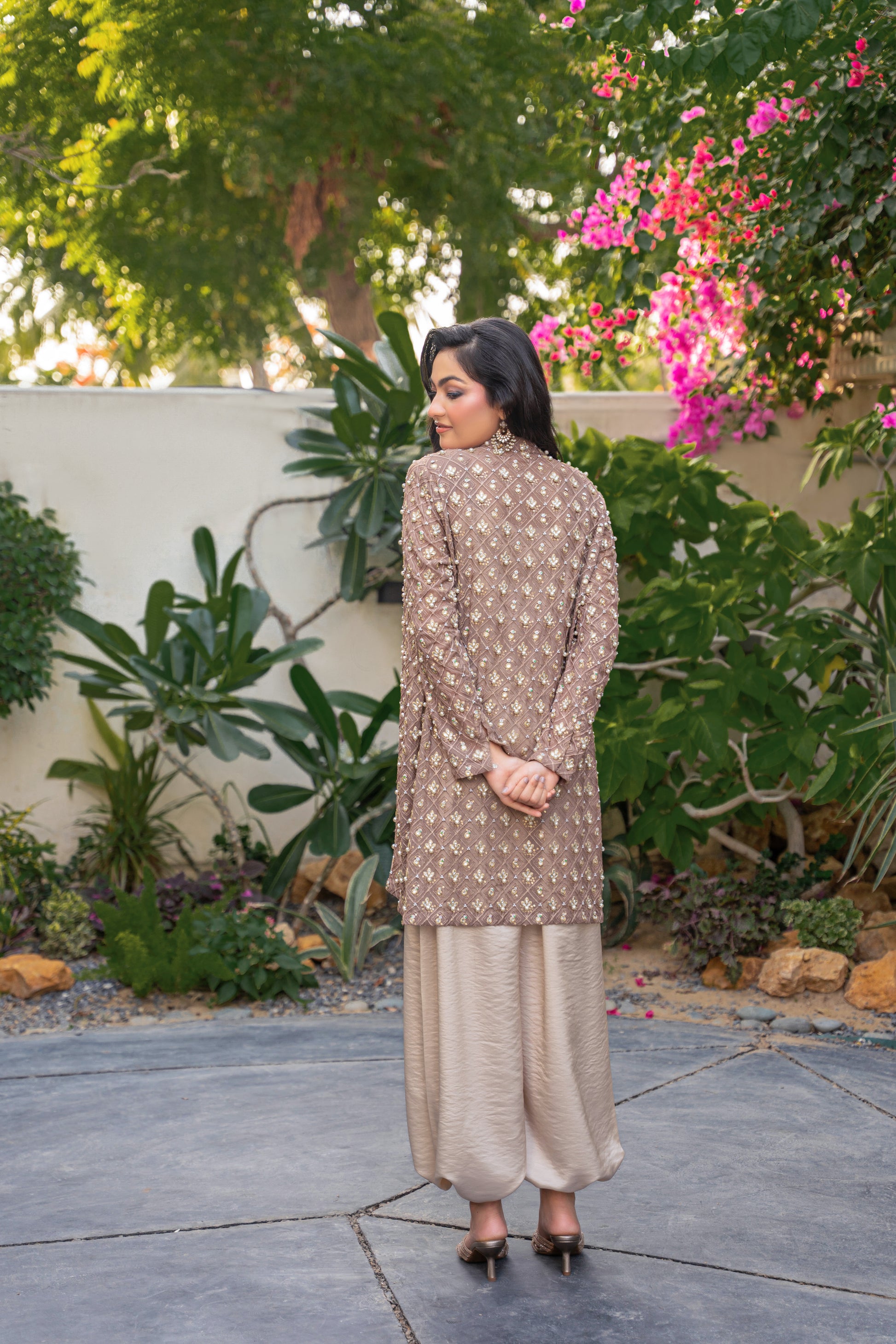 Taupe Éclat - brown embroidered formal outfit back view by Alishba Kashif
