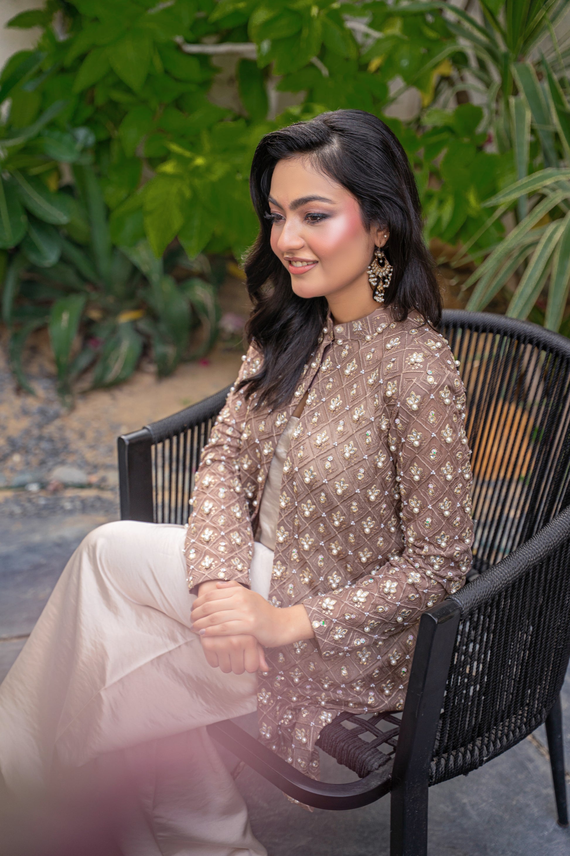 Taupe Éclat - brown embroidered formal outfit garden pose by Alishba Kashif