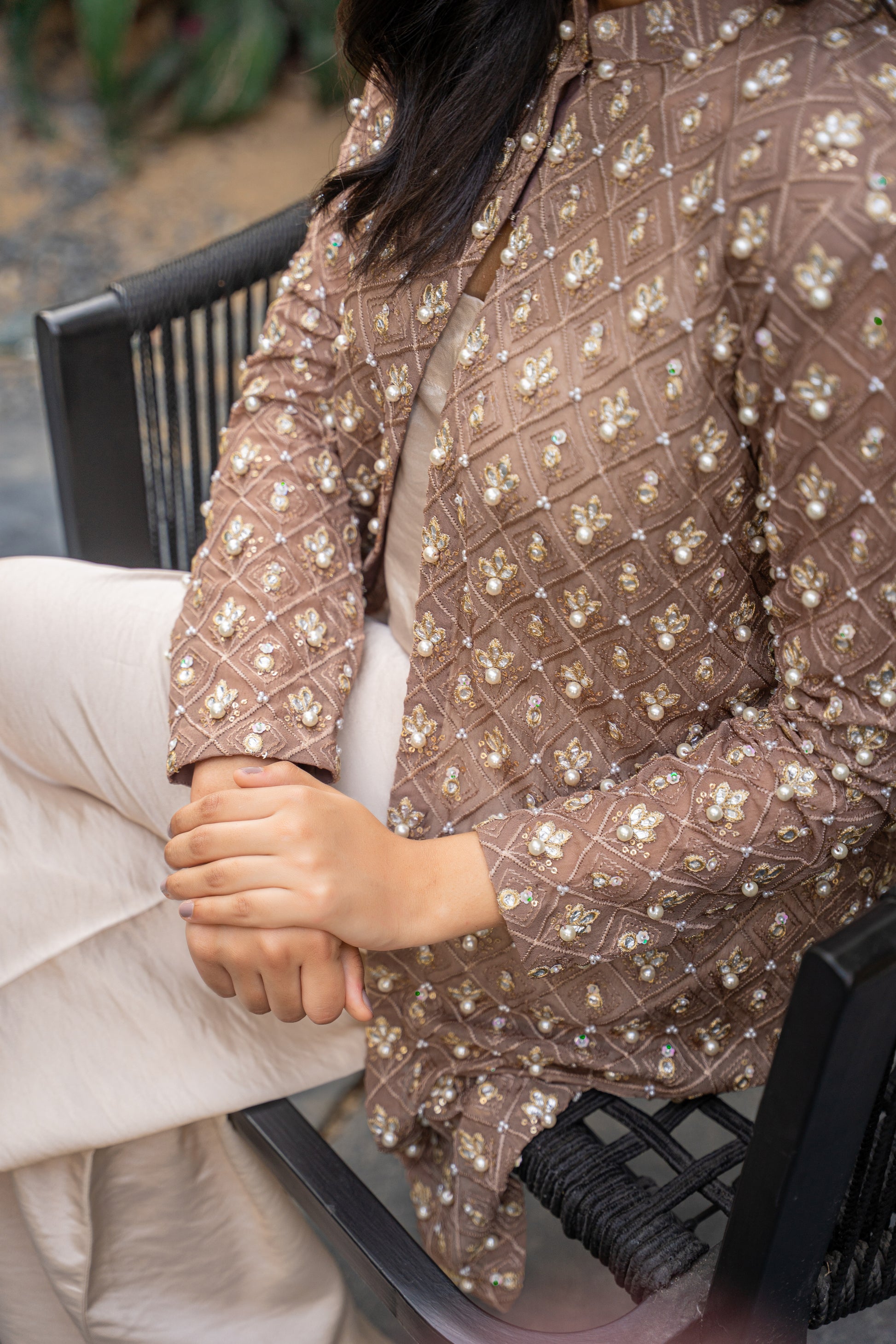Taupe Éclat - brown embroidered formal outfit detail by Alishba Kashif