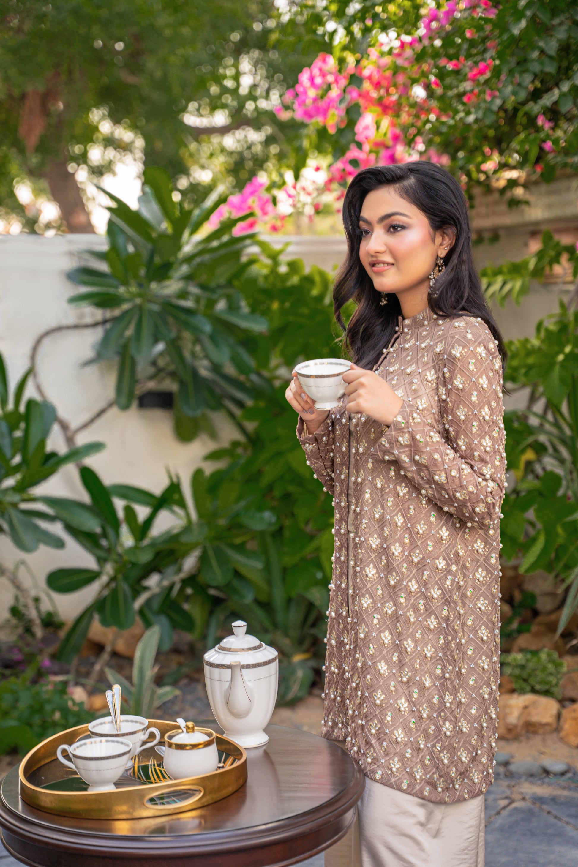 Taupe Éclat - brown embroidered formal outfit coat detail view by Alishba Kashif