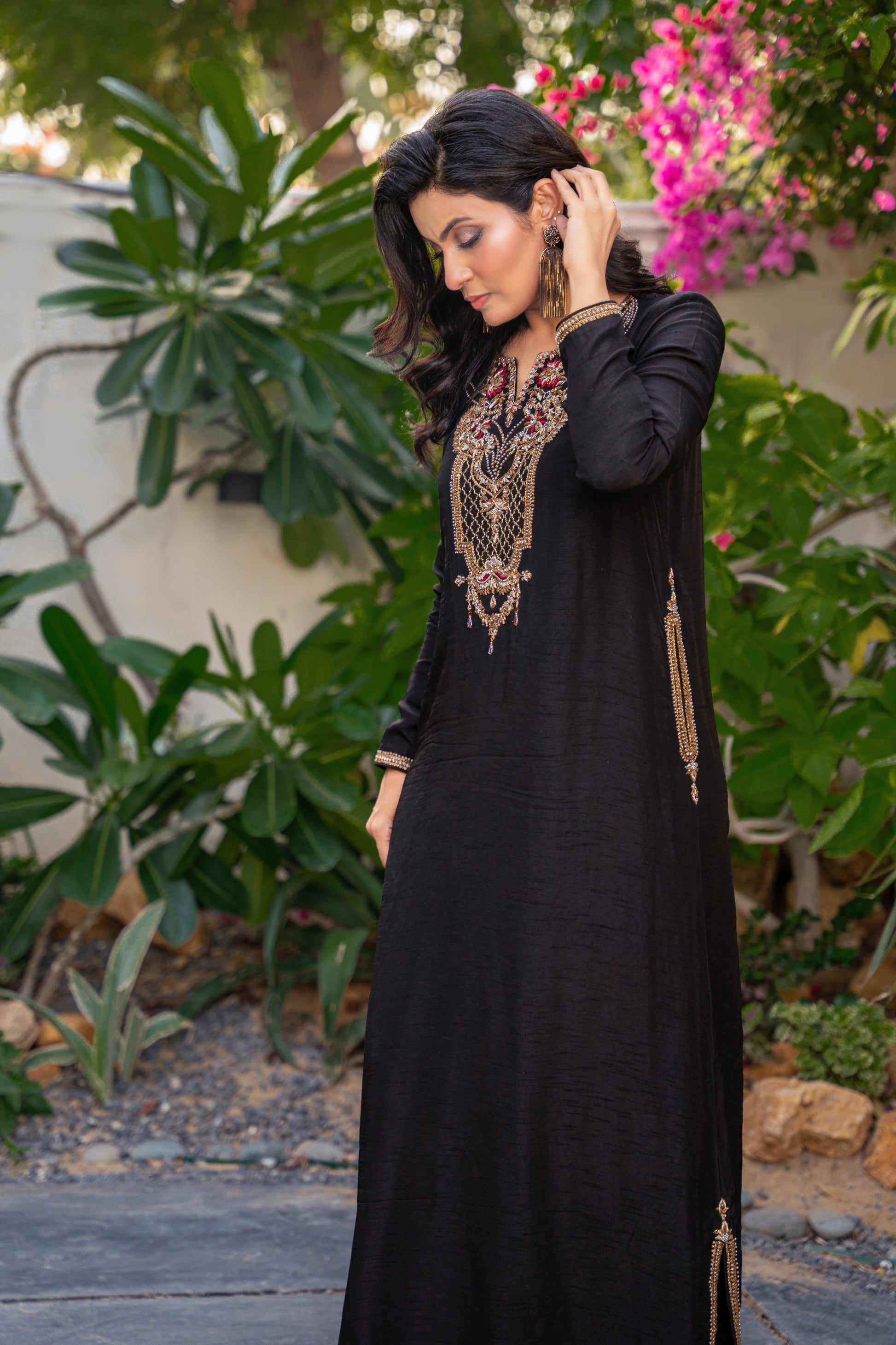 Shahnoor - black embroidered outfit side view by Alishba Kashif