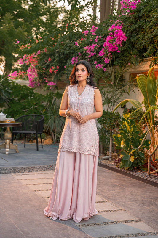 Fleur de Lune - blush pink suit full length view by Alishba Kashif