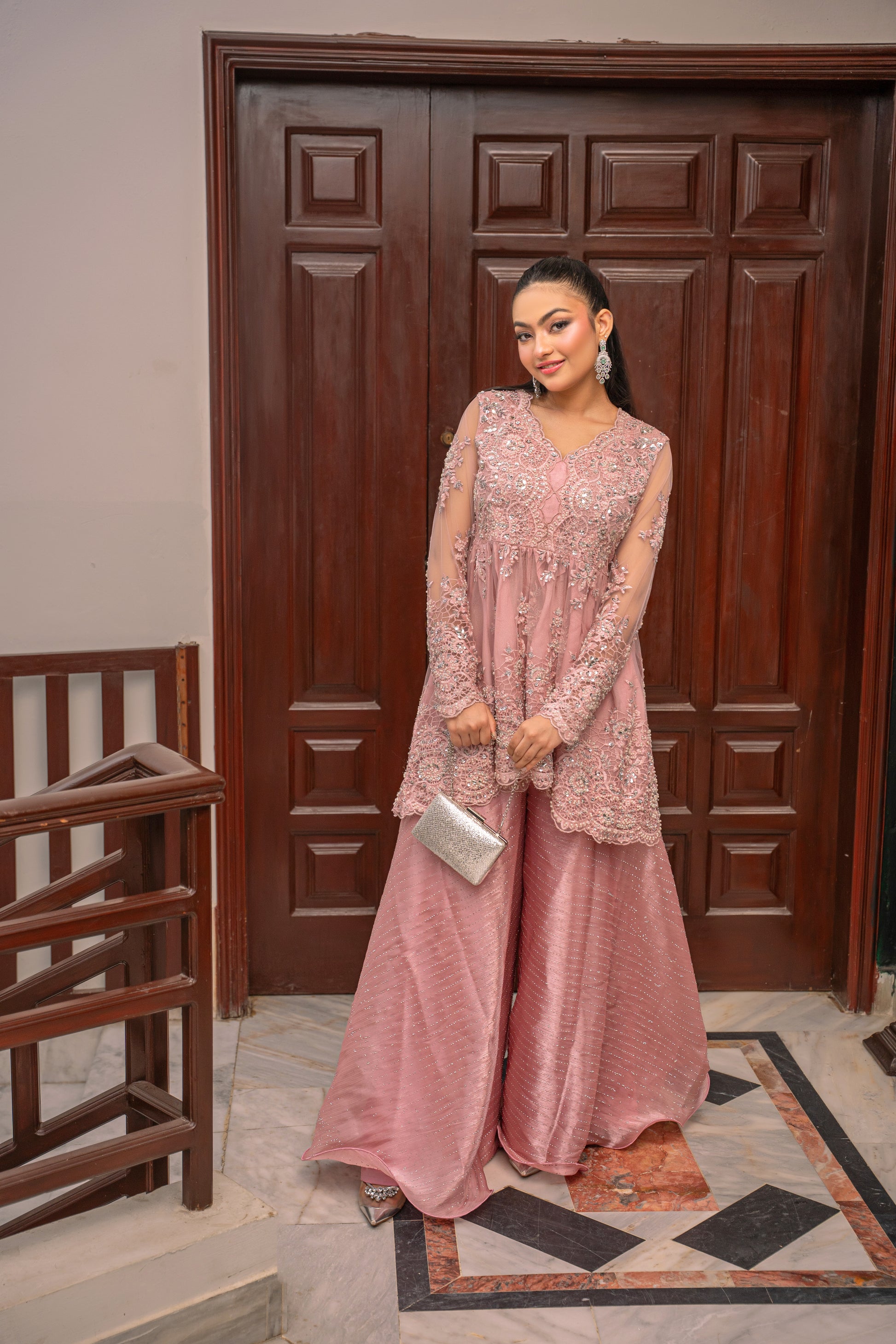 Rose Muse - pink embroidered outfit front view by Alishba Kashif
