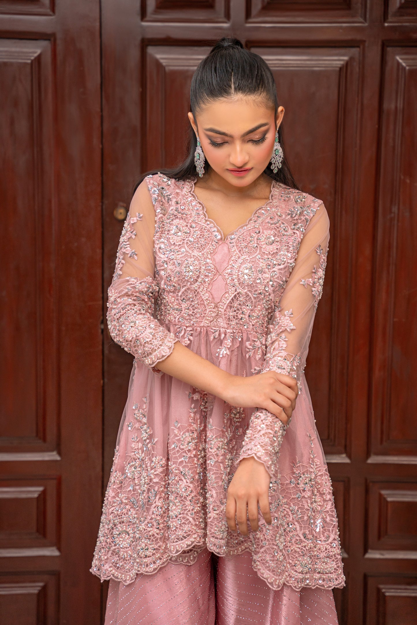 Rose Muse - pink embroidered outfit detail view by Alishba Kashif