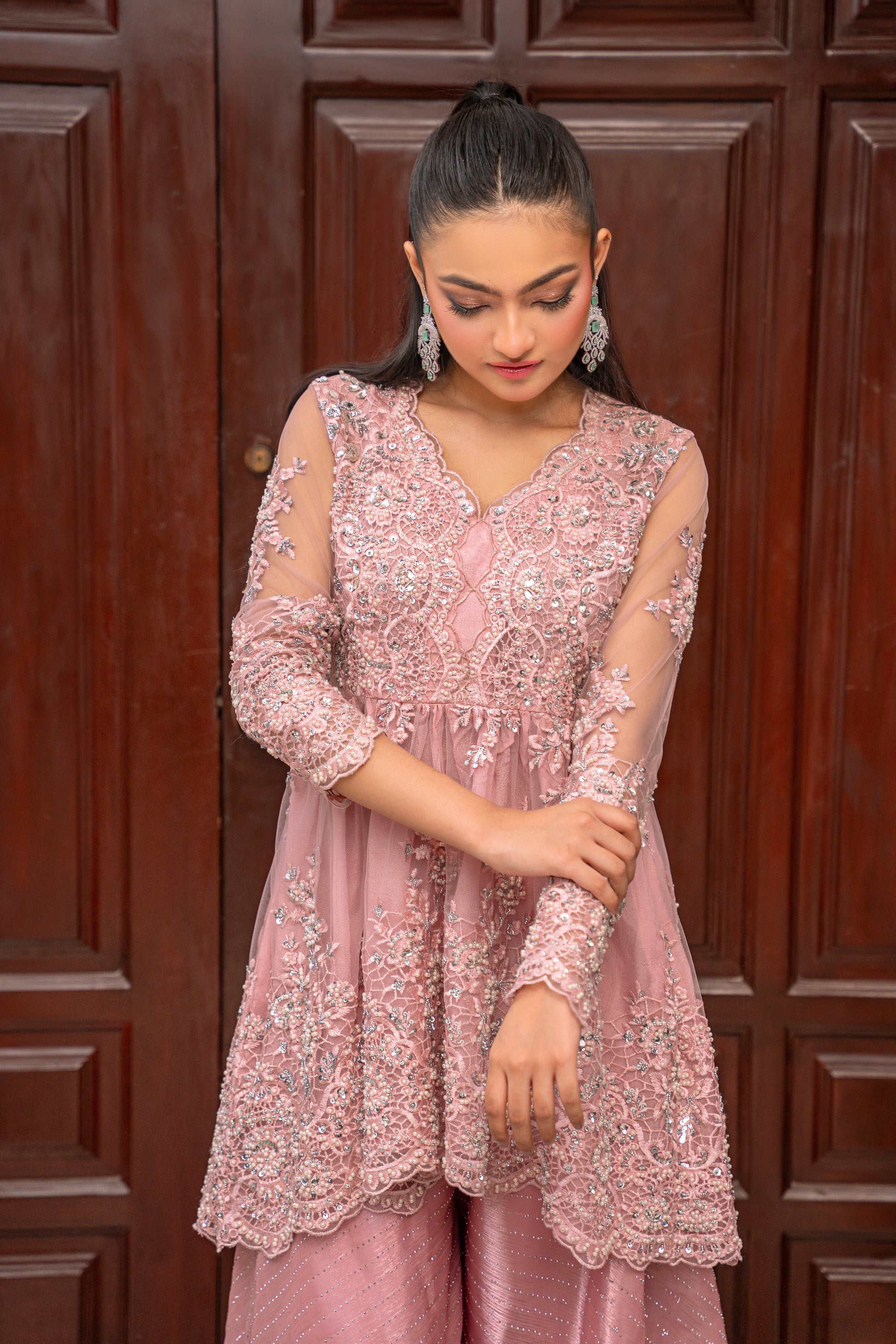 Rose Muse - pink embroidered outfit detail view by Alishba Kashif