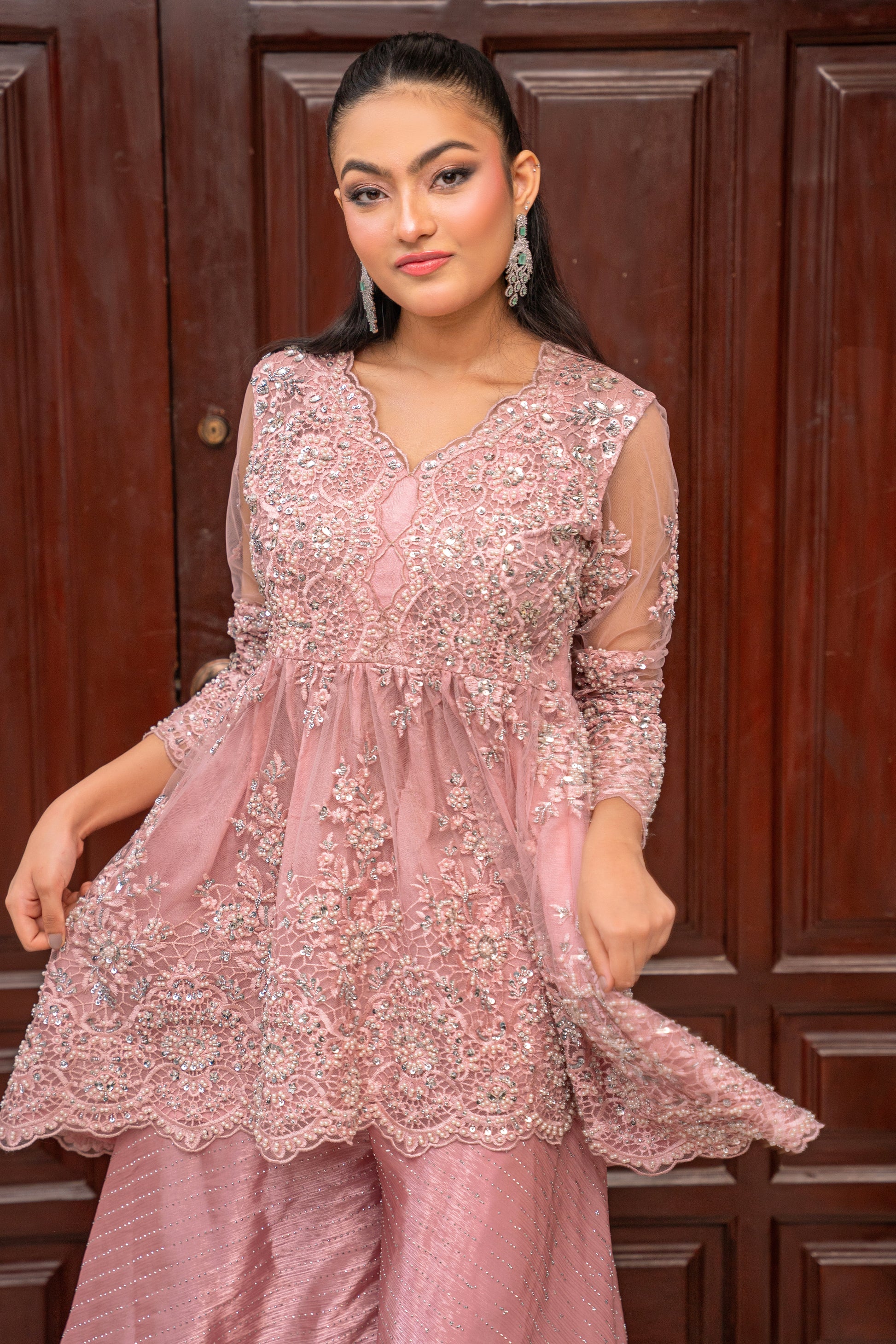 Rose Muse - pink embroidered outfit front detail view by Alishba Kashif