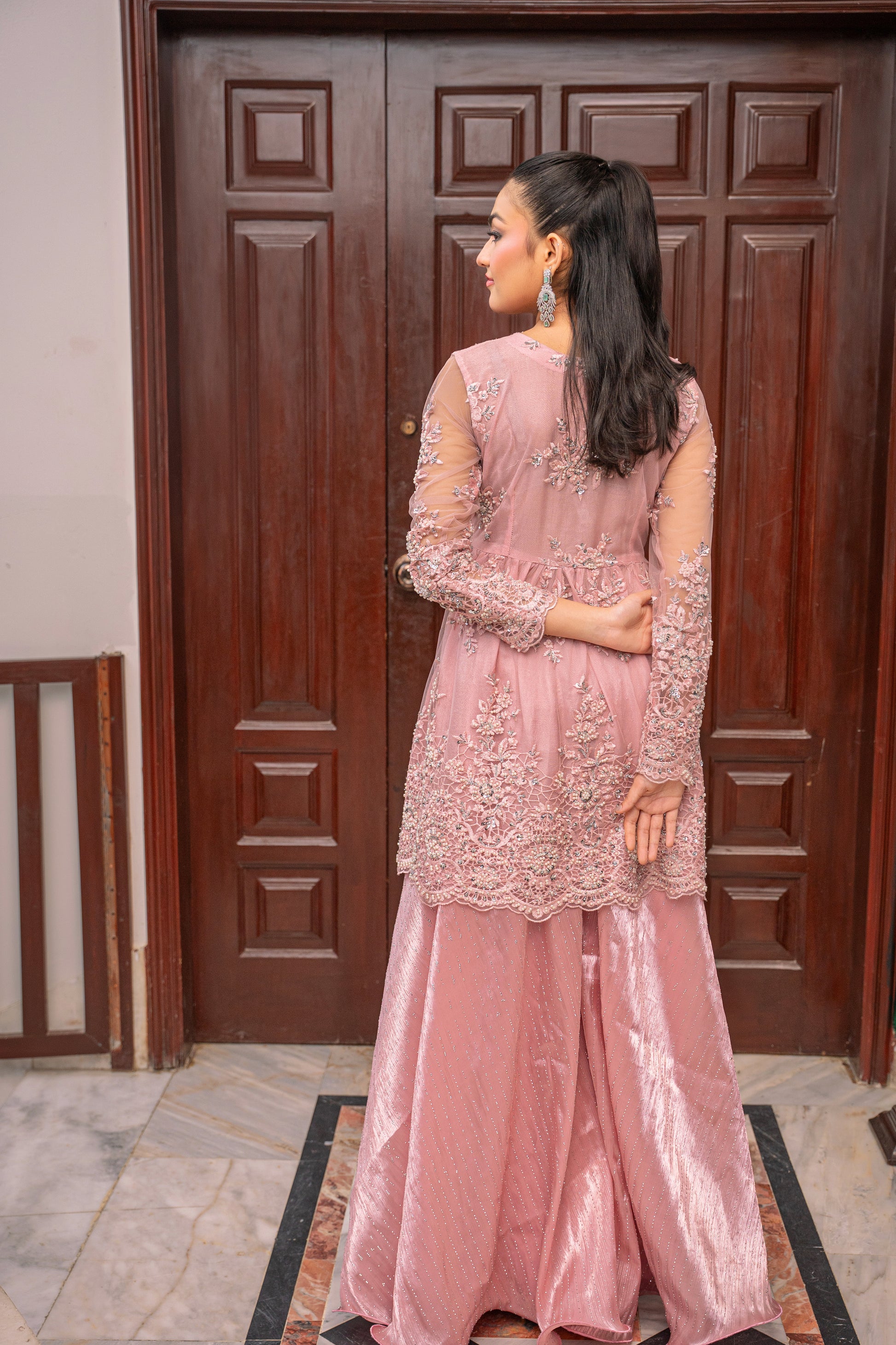 Rose Muse - pink embroidered outfit back view by Alishba Kashif