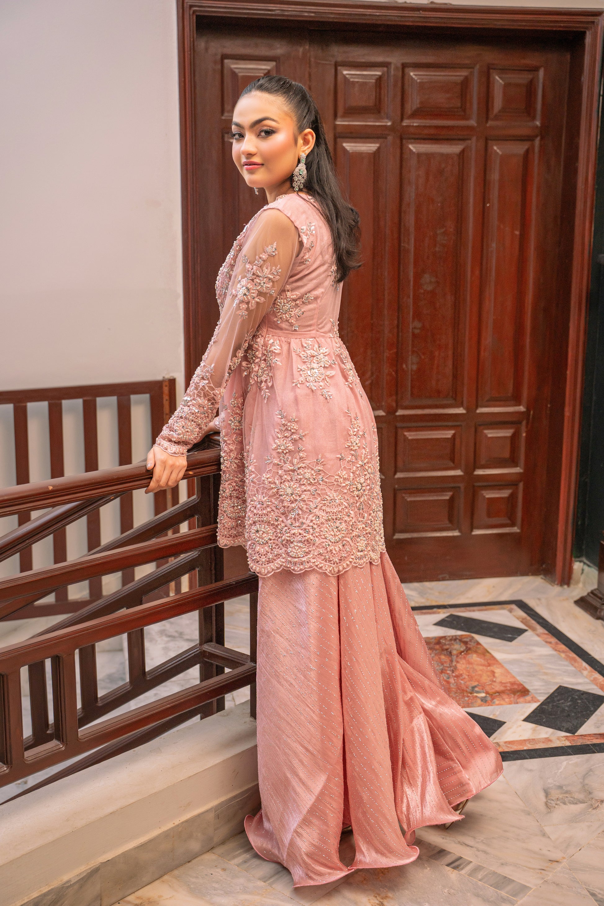 Rose Muse - pink embroidered outfit side view by Alishba Kashif