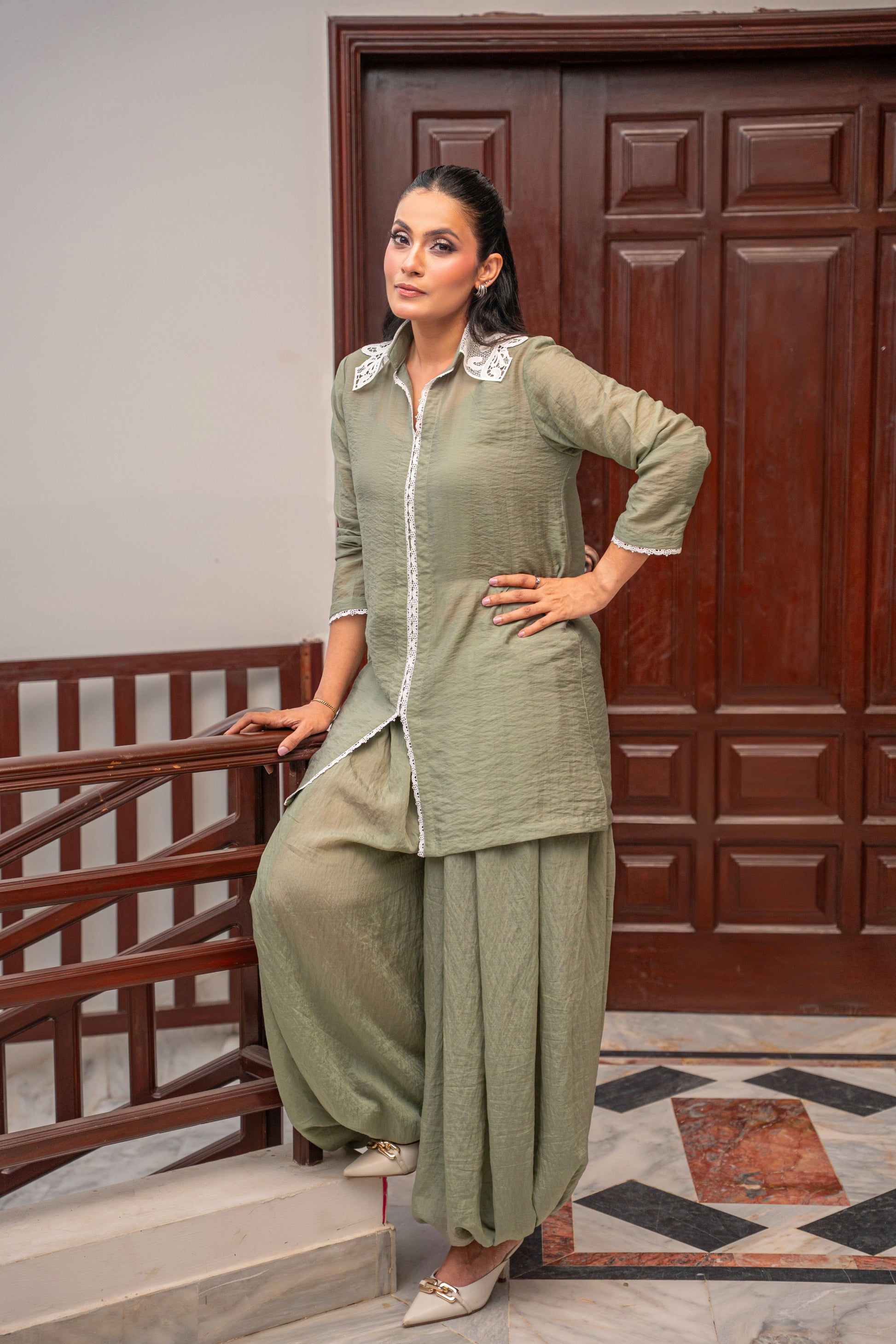 Sage Reverie sage green shirt and balloon pants by Alisho - full length front view