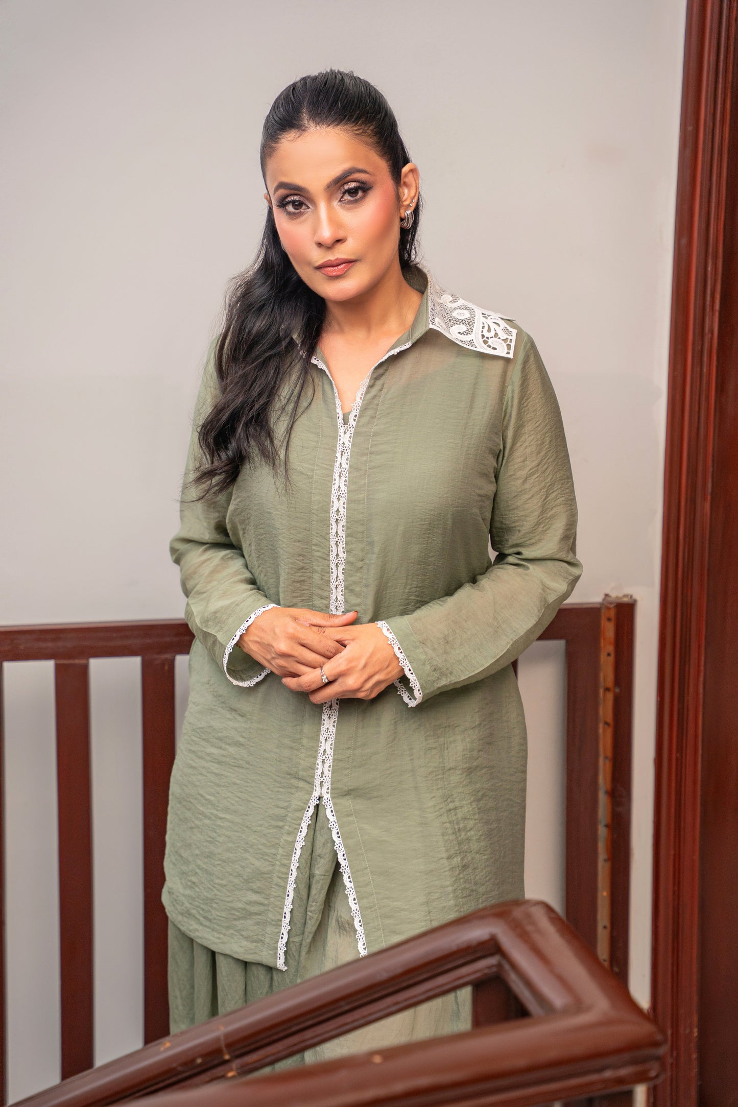 Sage Reverie sage green sheer shirt by Alisho - upper body front view