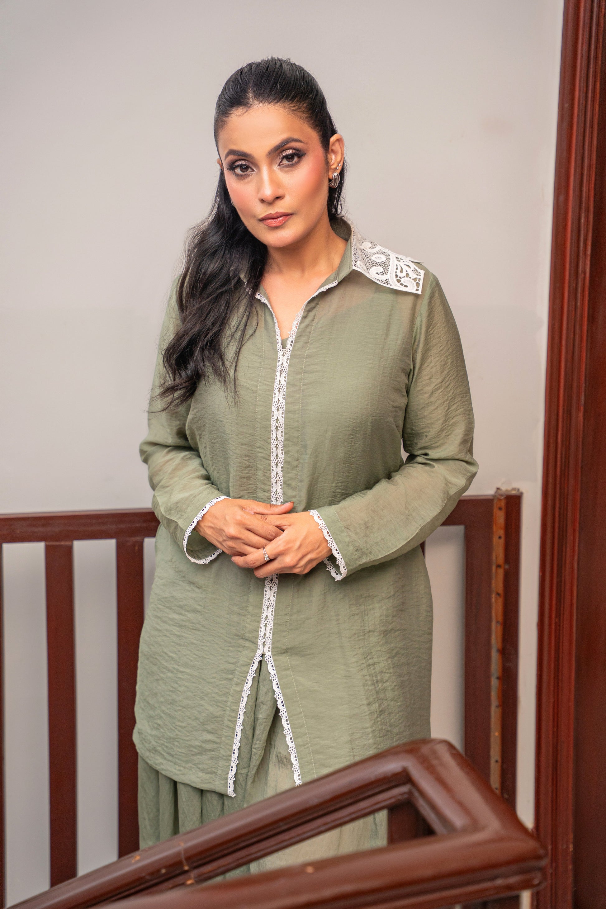 Sage Reverie sage green sheer shirt by Alisho - upper body front view
