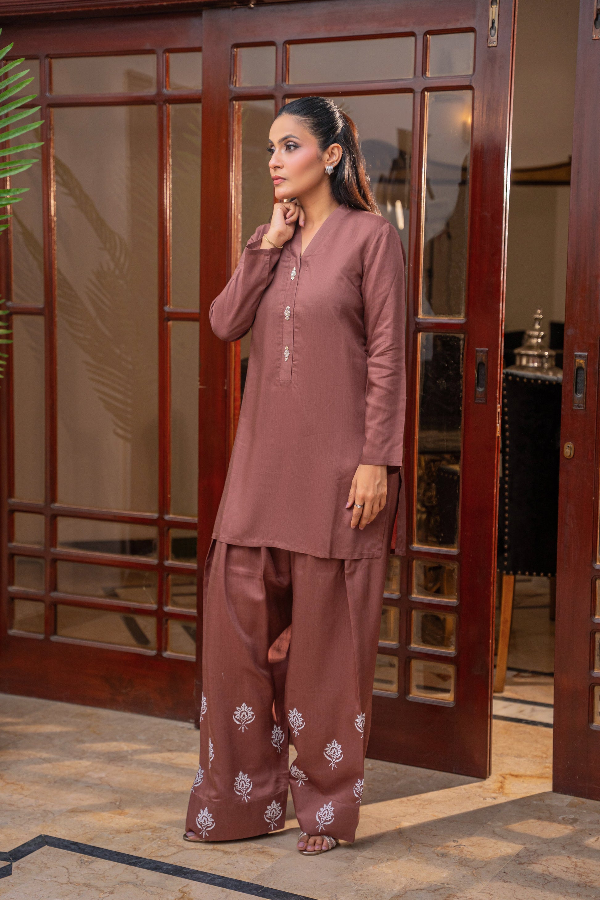 Mocha Muse viscose kurta and farshi shalwar by Alisho - full length front view