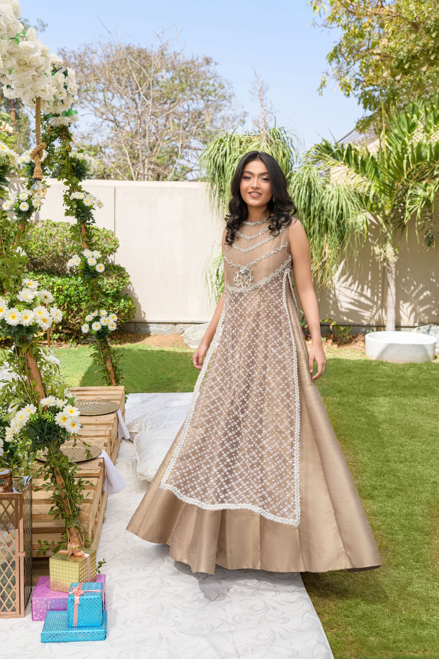 Aura - champagne silver embroidered formal dress by Alishba Kashif