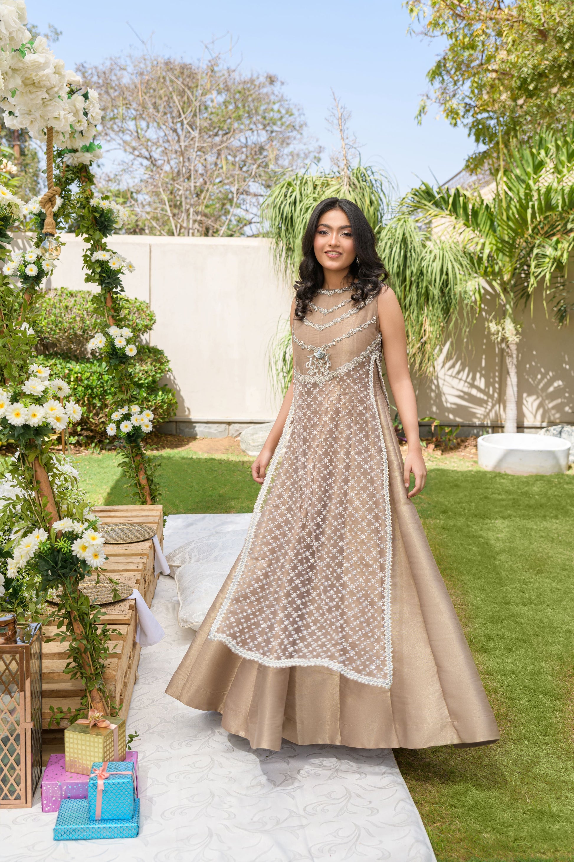 Aura - champagne silver embroidered formal dress by Alishba Kashif